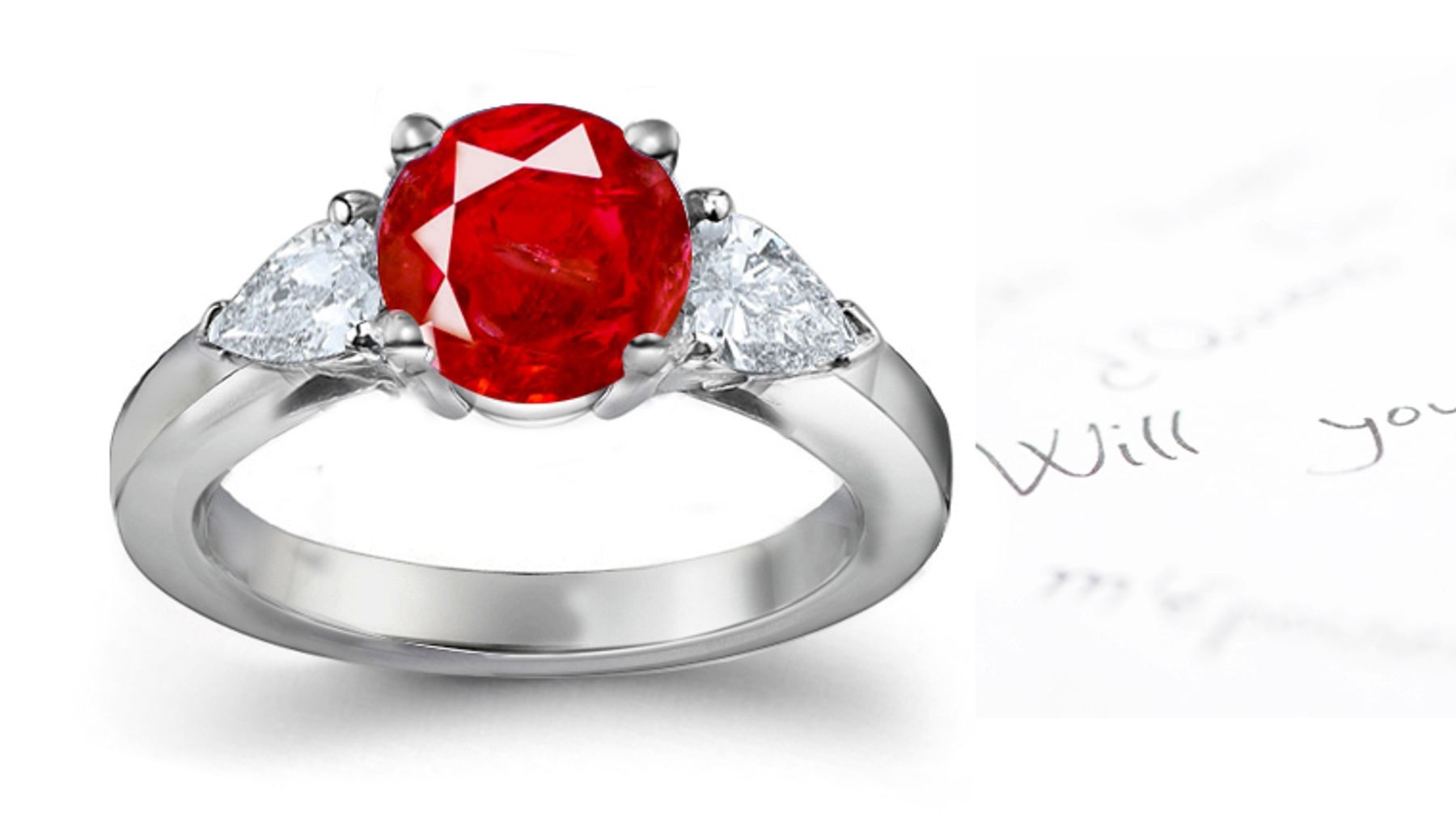 Heart To Heart: Pure Sparkling Pigeon Red Ruby Diamond Three Stone Rings