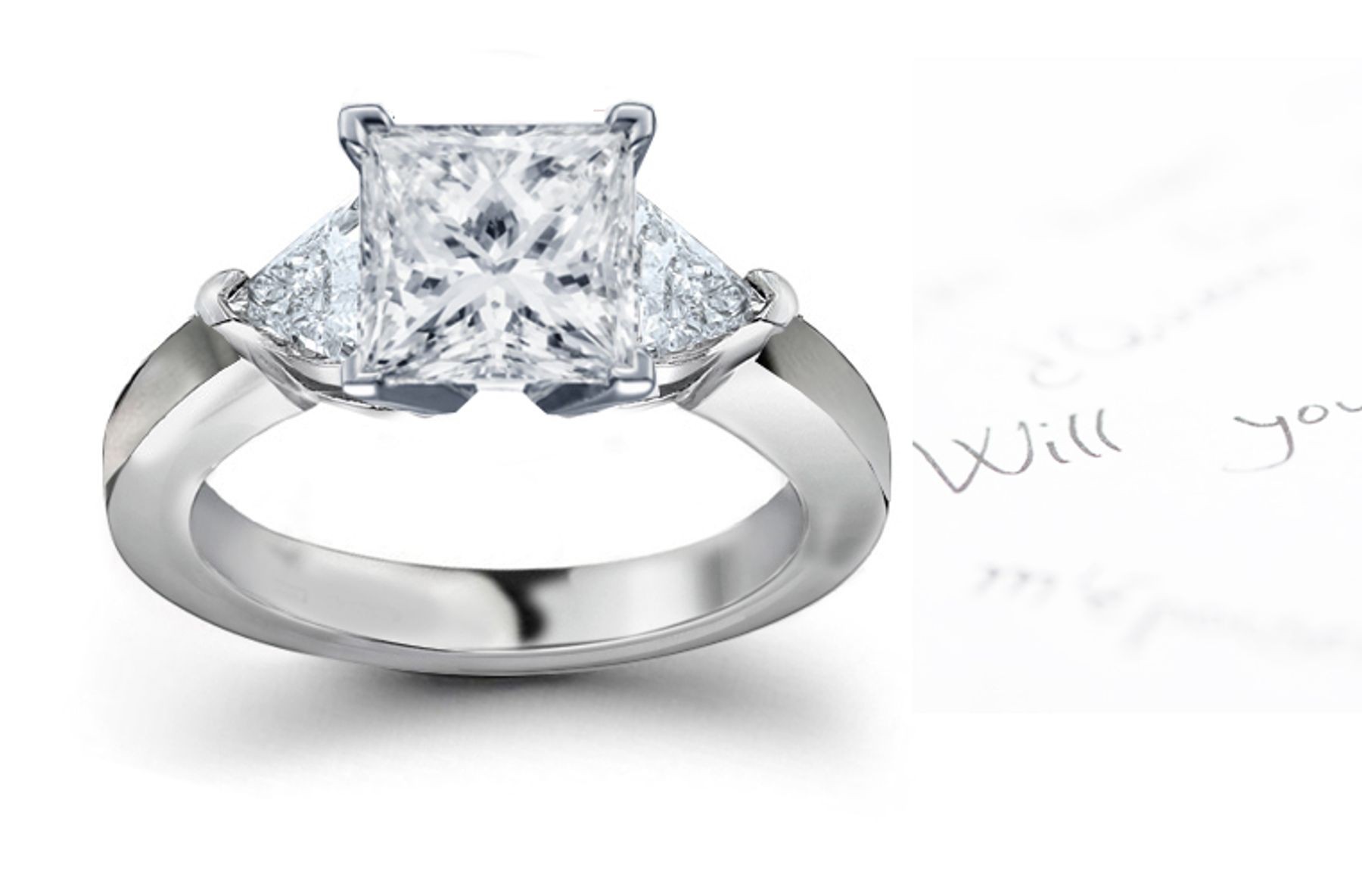 Three Stone Diamond Anniversary Ring: Three Stone Diamond (Rings with Princess Cut & Trillion Diamonds) Ring in Platinum & 14K White Yellow Gold.