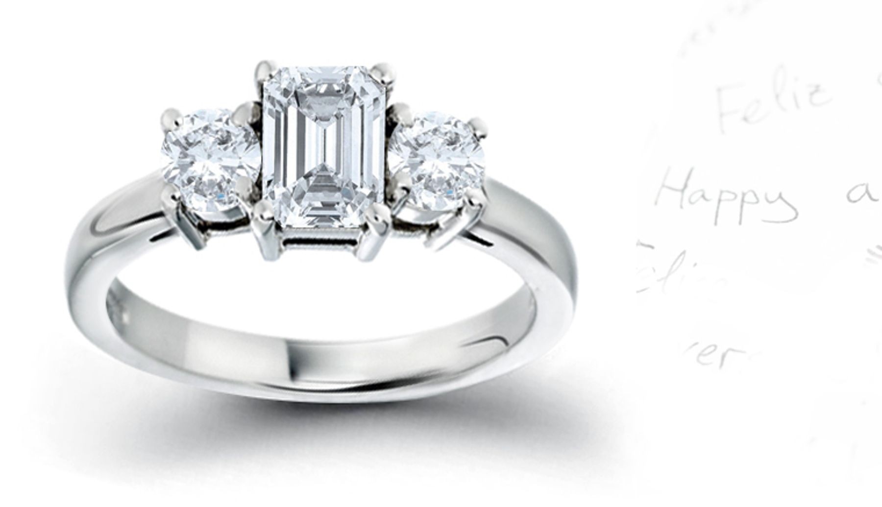 Three Stone Emerald Cut Diamond Side Round Diamonds Three Stone Anniversary Ring