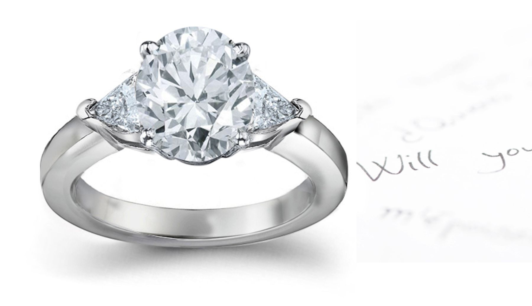 Three Stone Diamond Anniversary Ring: Three Stone Diamond (Rings with Oval & Trillion Diamonds) Ring in Platinum & 14K White Yellow Gold. 