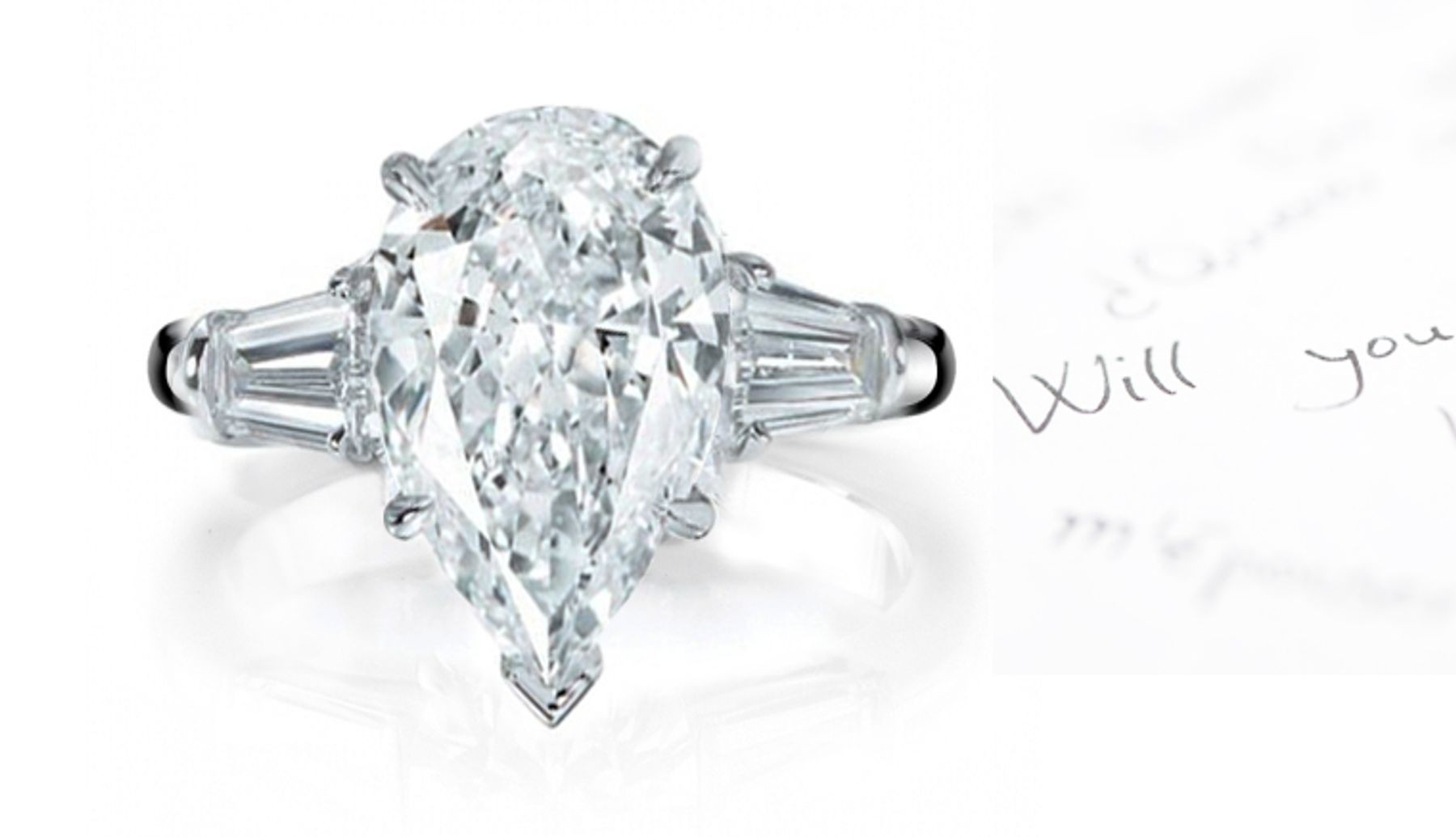 Center Pears & Side Baguette Diamonds Three Stone Ring