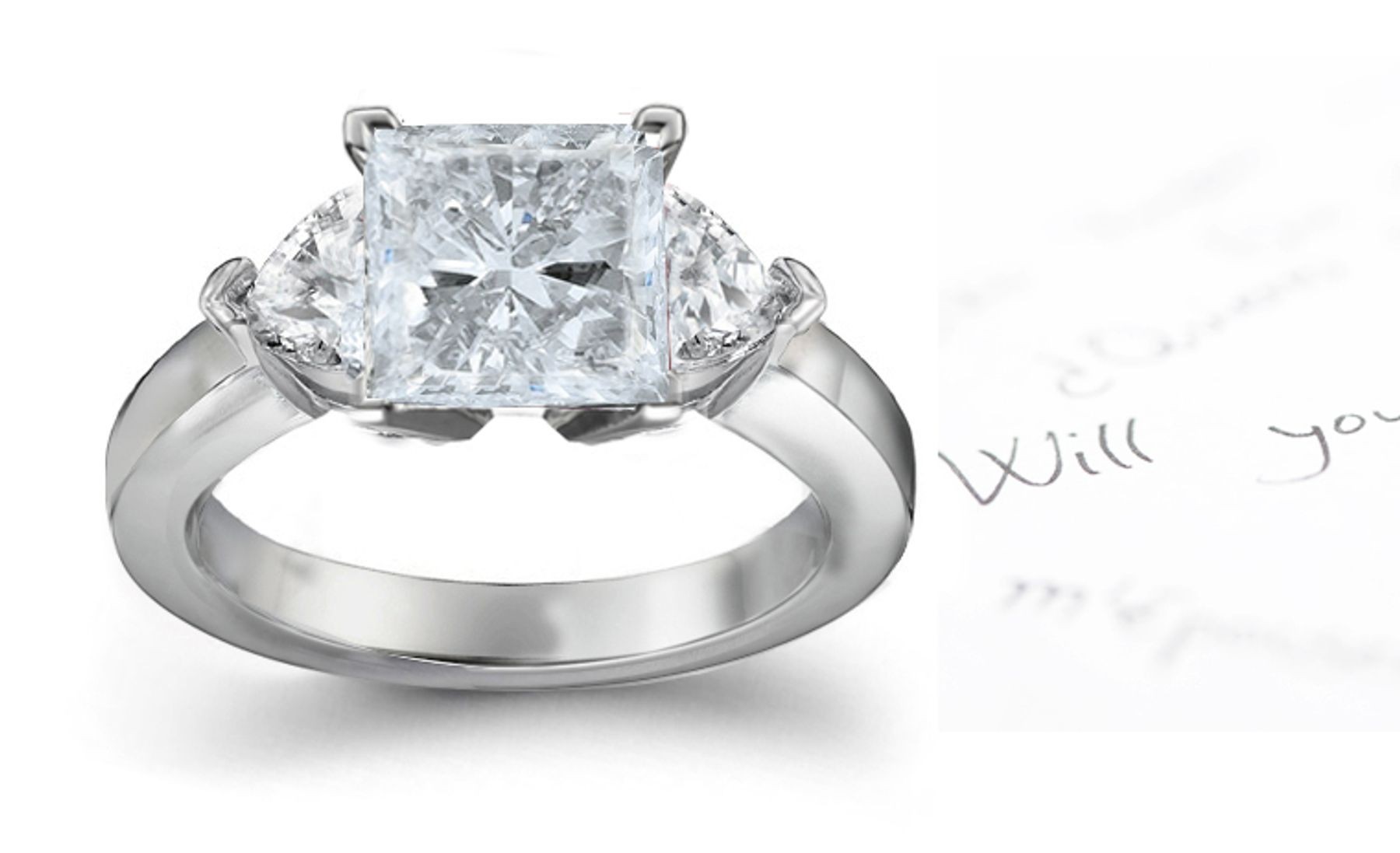 Three Stone Square Diamond & Side Heart Diamonds Three Stone Anniversary Ring