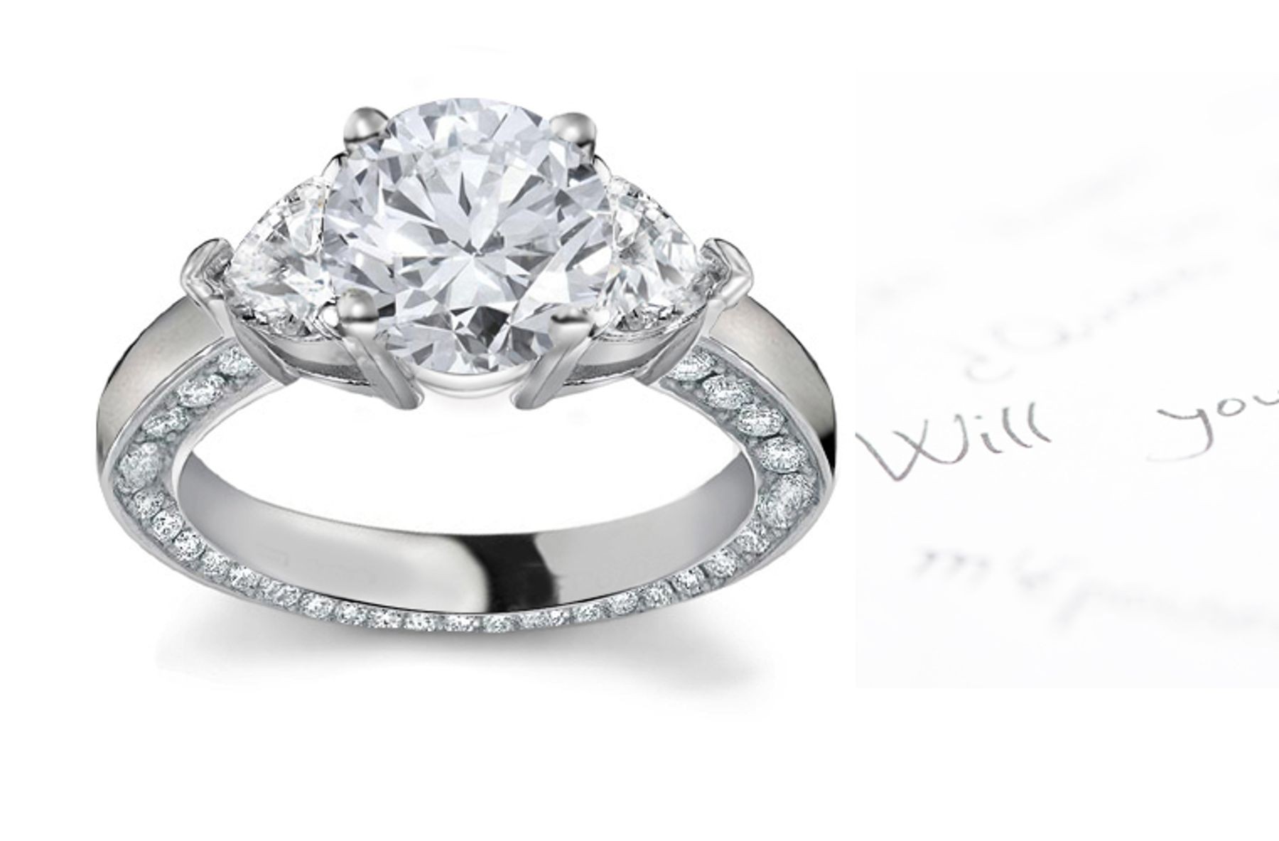 Center Round & Side Heart Diamonds Three Stone Ring