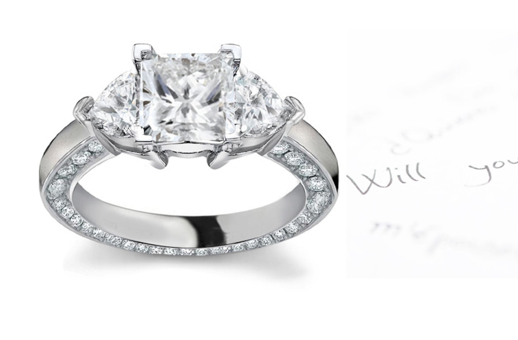 Center Square & Side Heart Diamonds Three Stone Ring