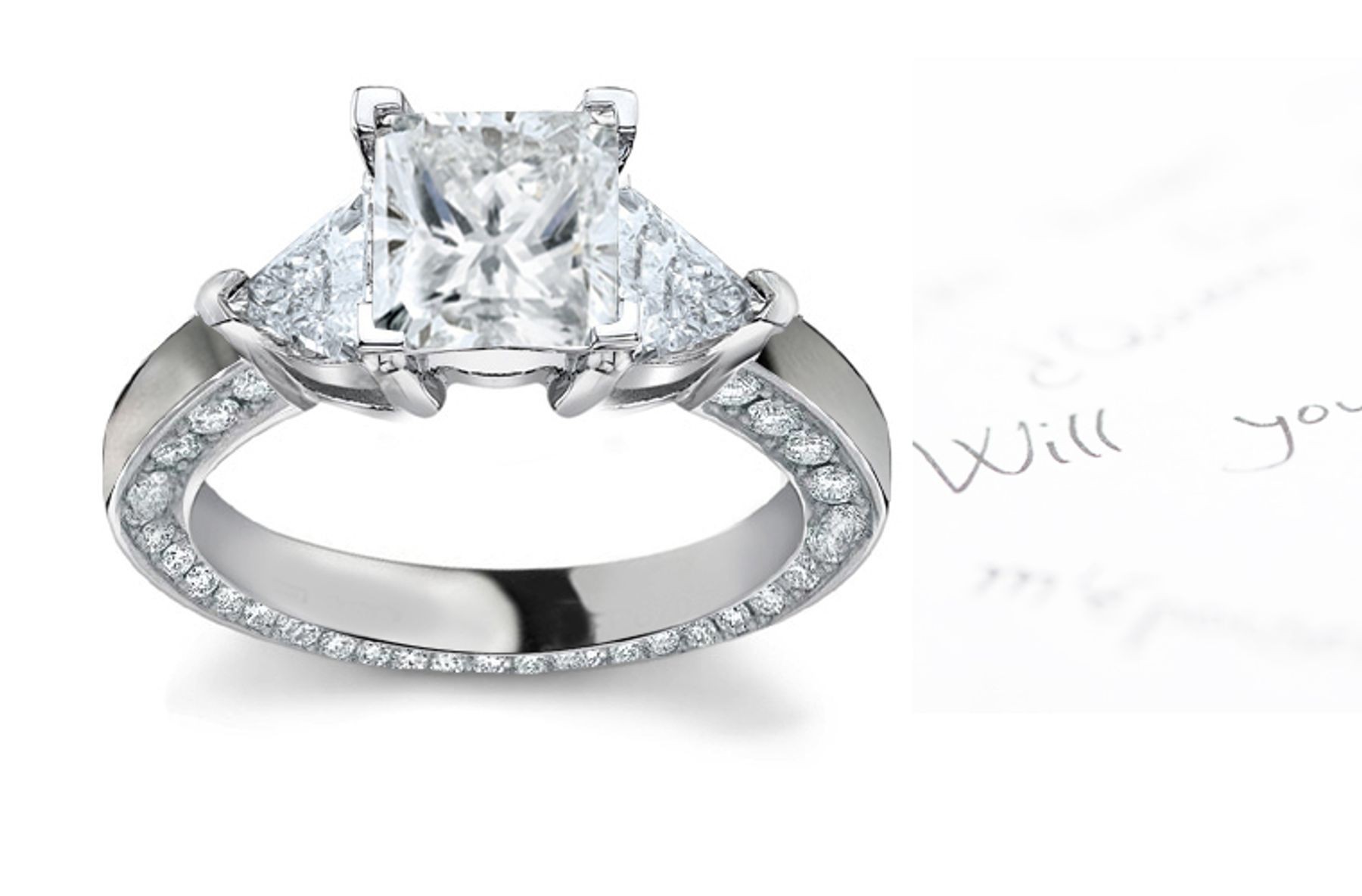 Center Square & Side Heart Diamonds Three Stone Ring