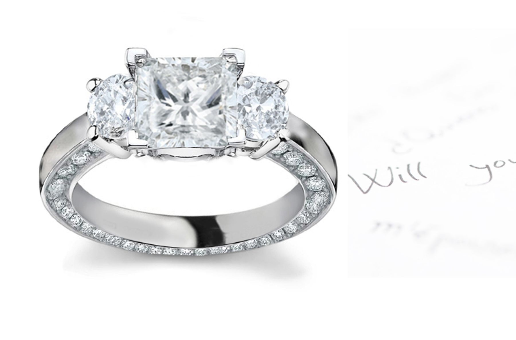 Center Square & Side Round Diamonds Three Stone Ring