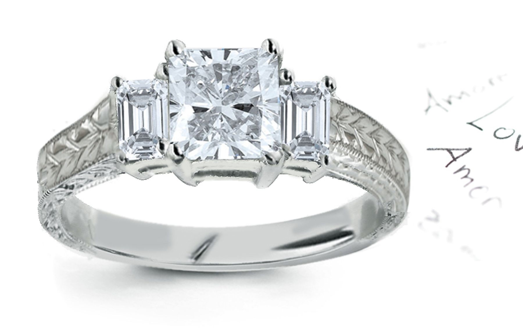 Three Stone Diamond Ring: Three Stone Diamond (Rings with Emerald Cut & Princess Cut Diamonds) Ring in Platinum & 14K White Yellow Gold. 