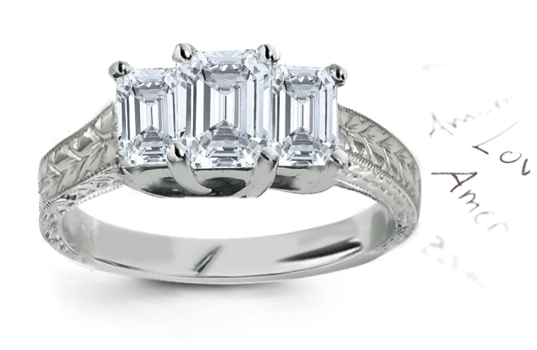 Three Stone Diamond Filigree Ring: Three Stone Diamond (Rings with Emerald Cut Diamonds) Ring in Platinum & 14K White Yellow Gold. 
