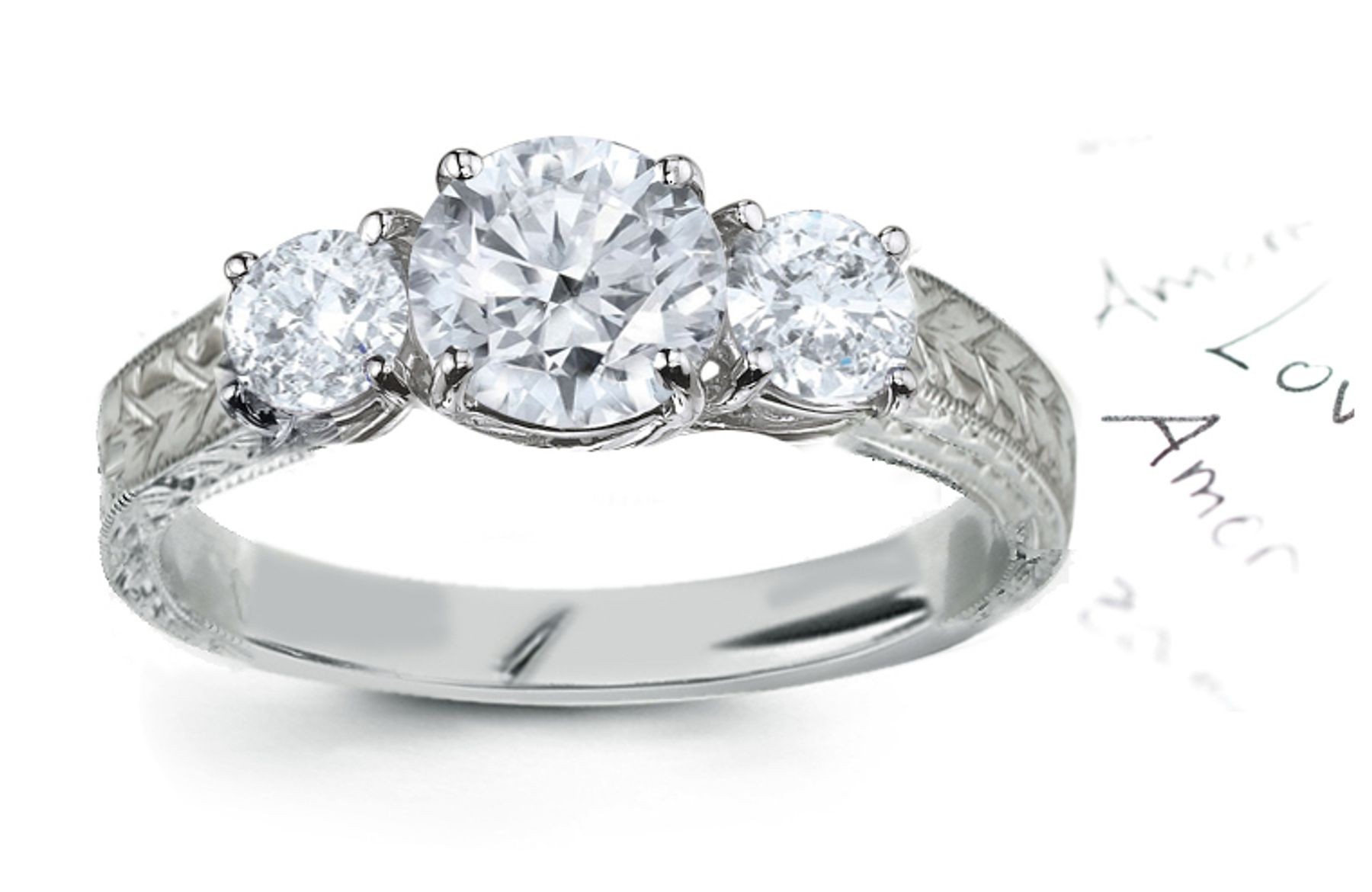 Three Stone Diamond Filigree Ring: Three Stone Diamond (Rings with Round Diamonds) Ring in Platinum & 14K White Yellow Gold. 