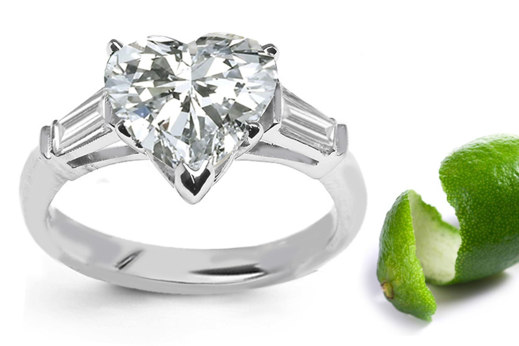 Three Stone Diamond Engagement Rings: Three Stone Diamond (Rings with Heart & Baguette Diamonds) Ring in Platinum & 14K White Yellow Gold. 
