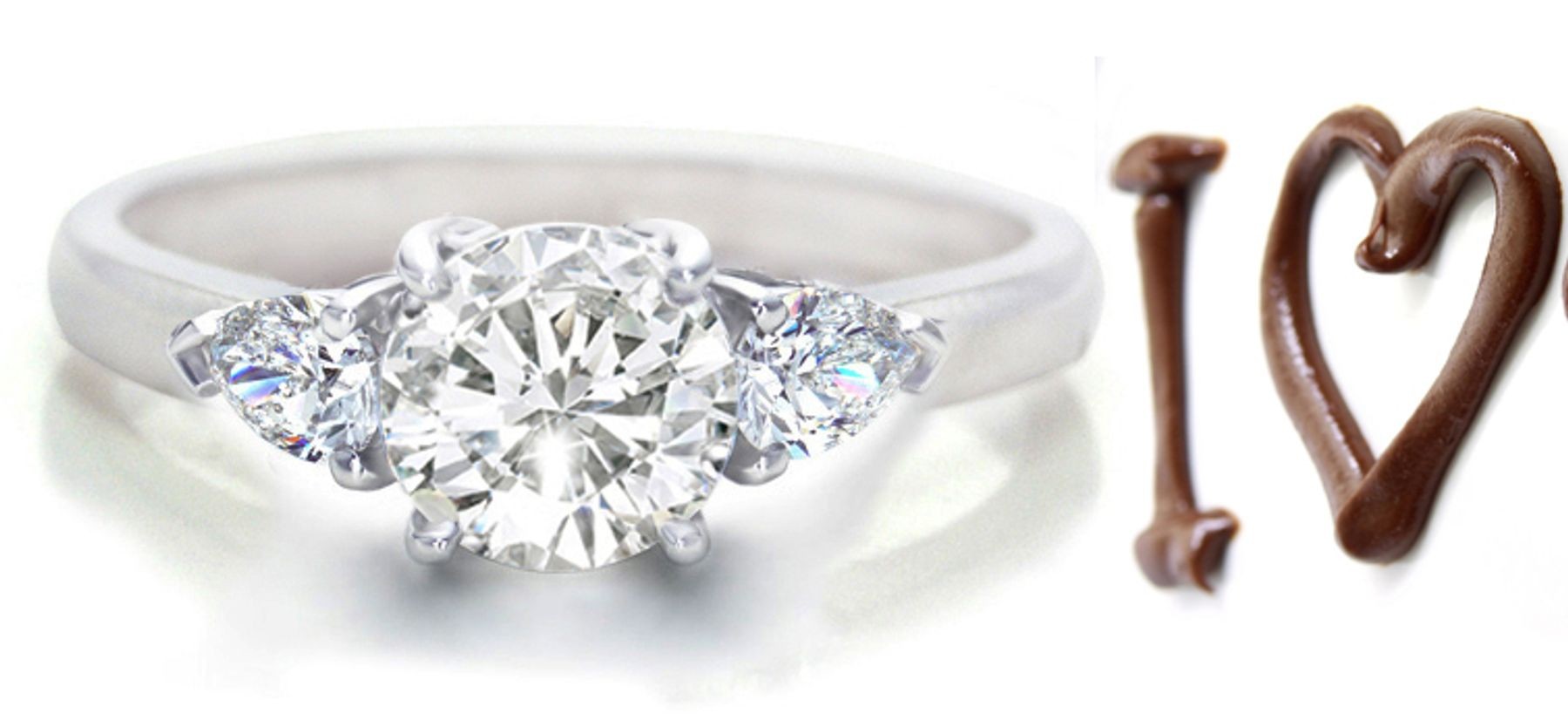 Anniversary Diamond Rings: Present 3-Stone Rings (Center Round & Side Pear Shaped Diamonds) in Platinum & 14K White Yellow Gold. 