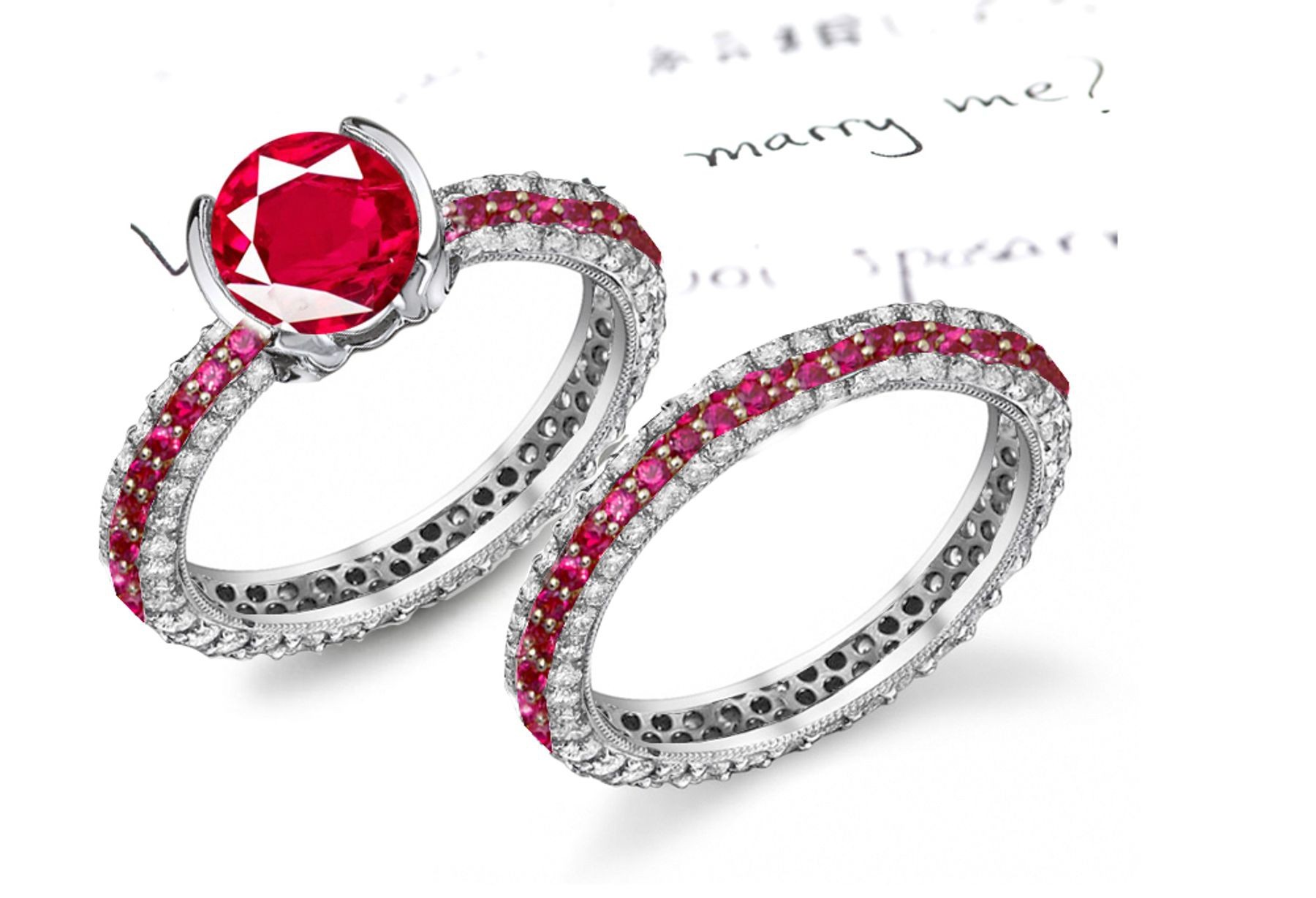 The Appropriate Design: Its Large 1.0 Round Ruby Placed on Top French Pave Set Rubies & Diamonds Set in Ring & Band