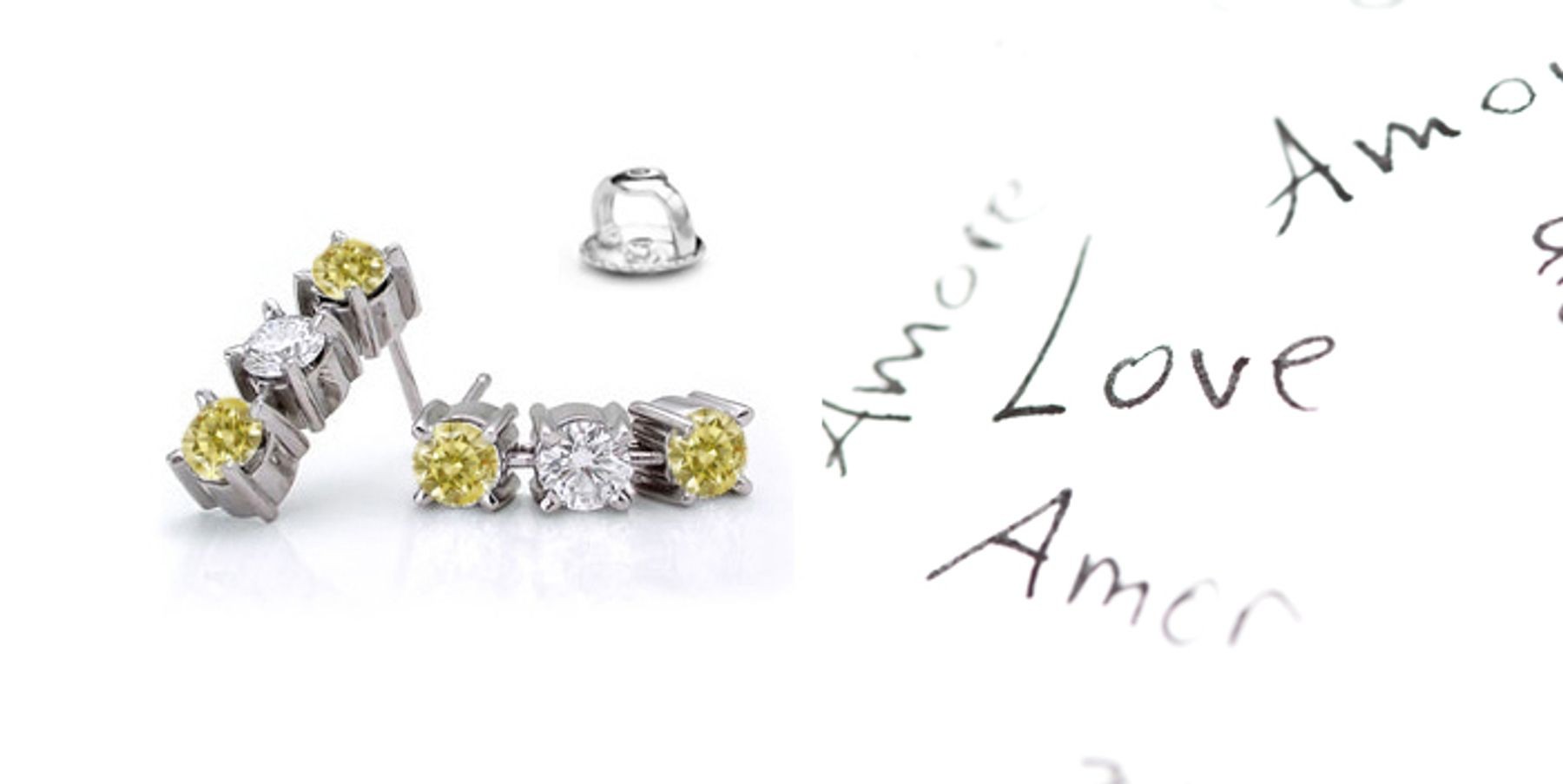 Individual and Unique Colored Diamonds Designer Collection - Yellow Color Diamonds & White Diamonds Round Yellow Diamond Earrings and Earscrews