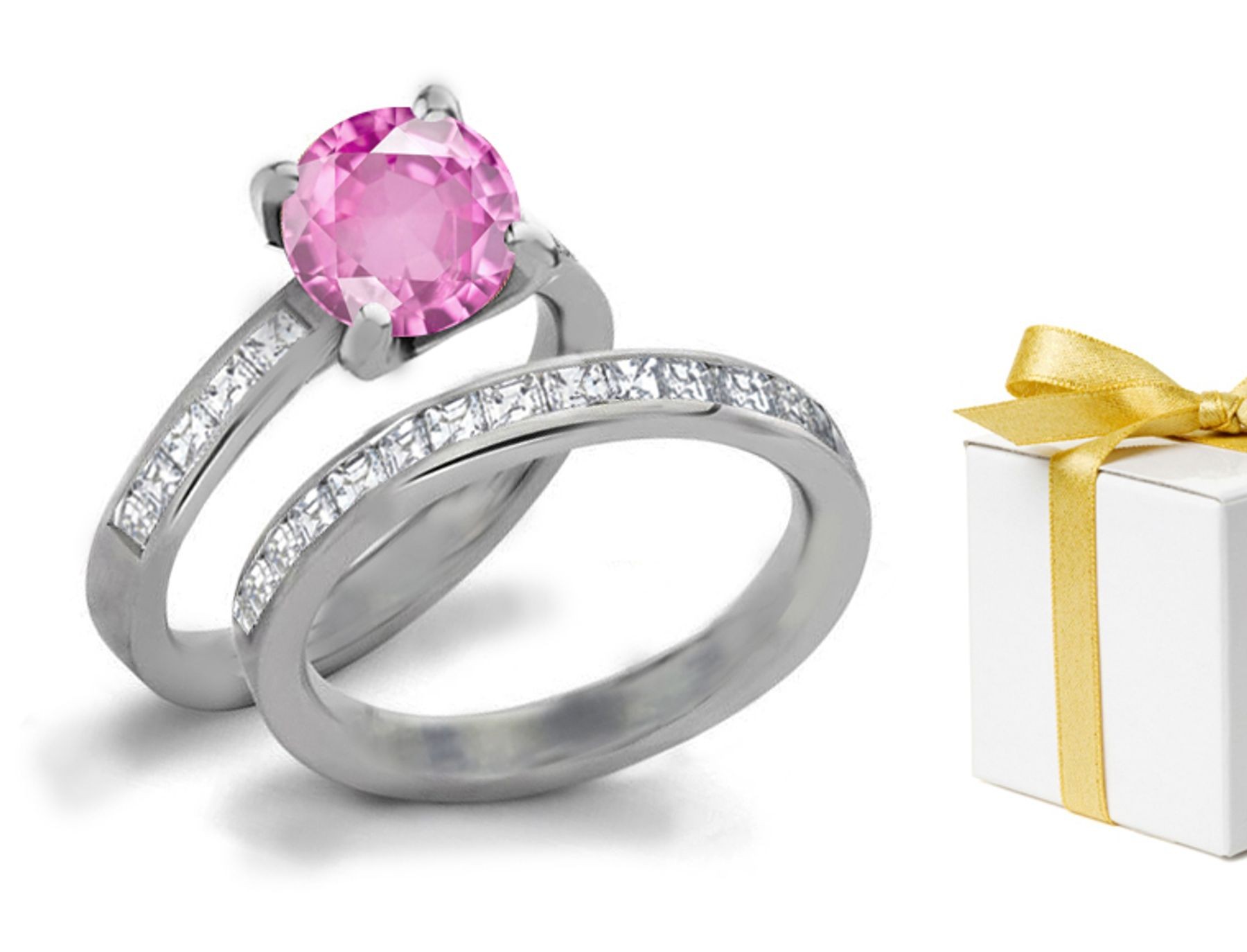 Pink Sapphire & Diamond Engagement & Wedding Rings Set