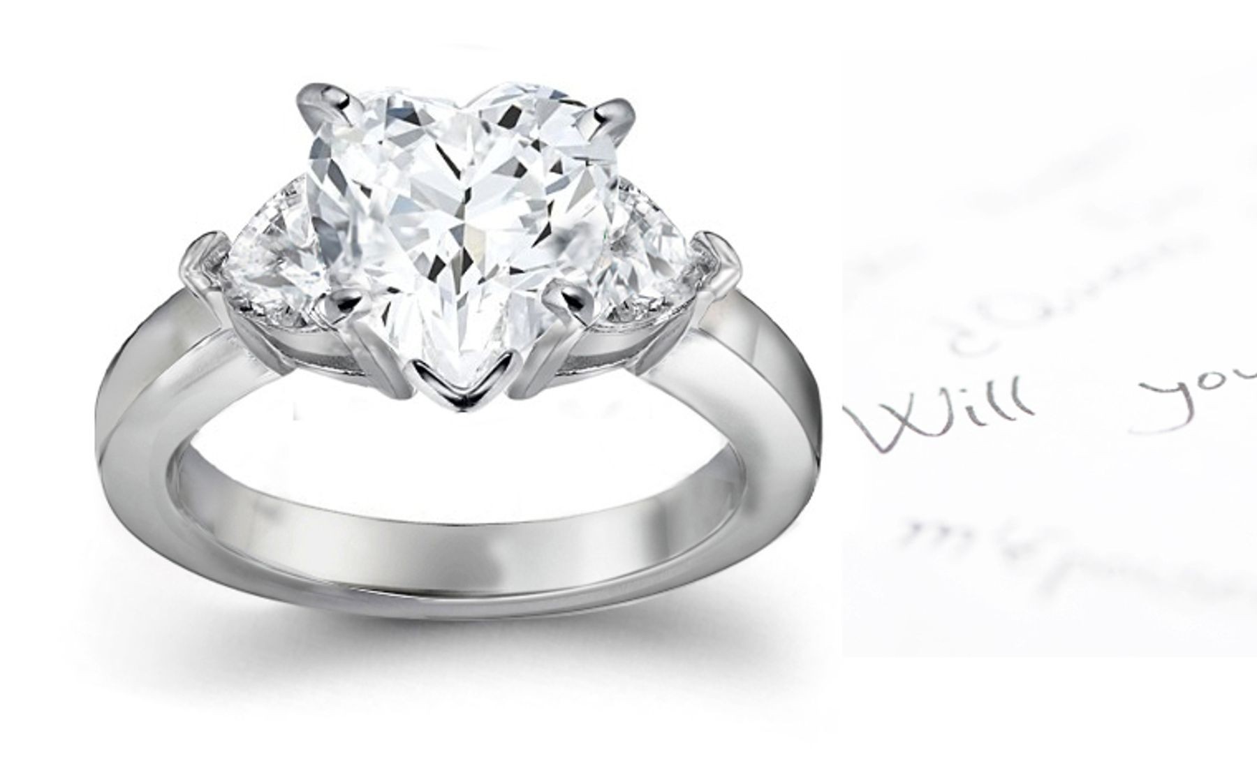 Diamond Anniversary Ring: Three-Stone Heart Diamond Rings in Platinum & 14K White Yellow Gold