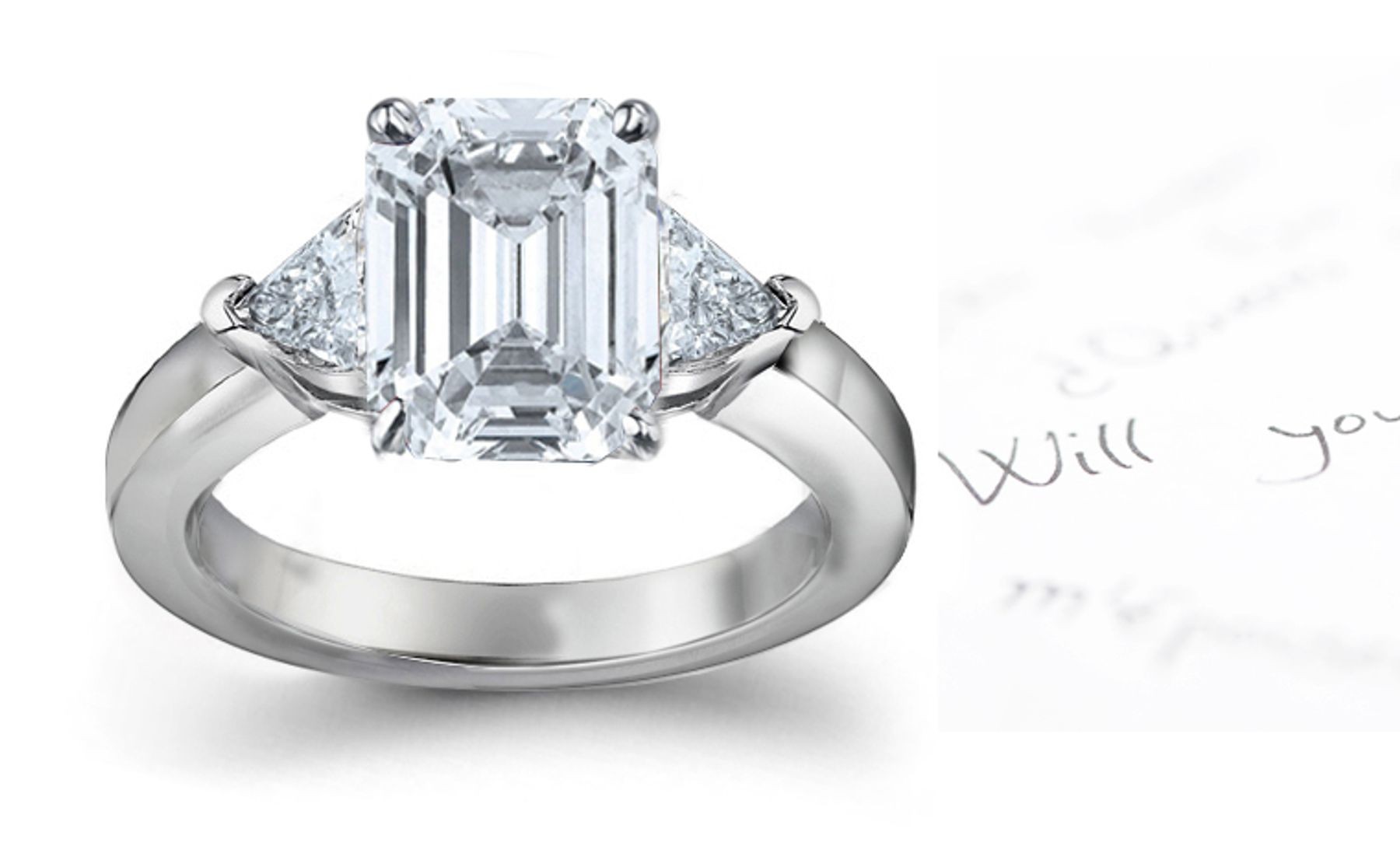 Diamond Anniversary Ring: Three Stone (Center Emerald Cut & Side Trillion Diamonds) Platinum & 14K White Yellow Gold.