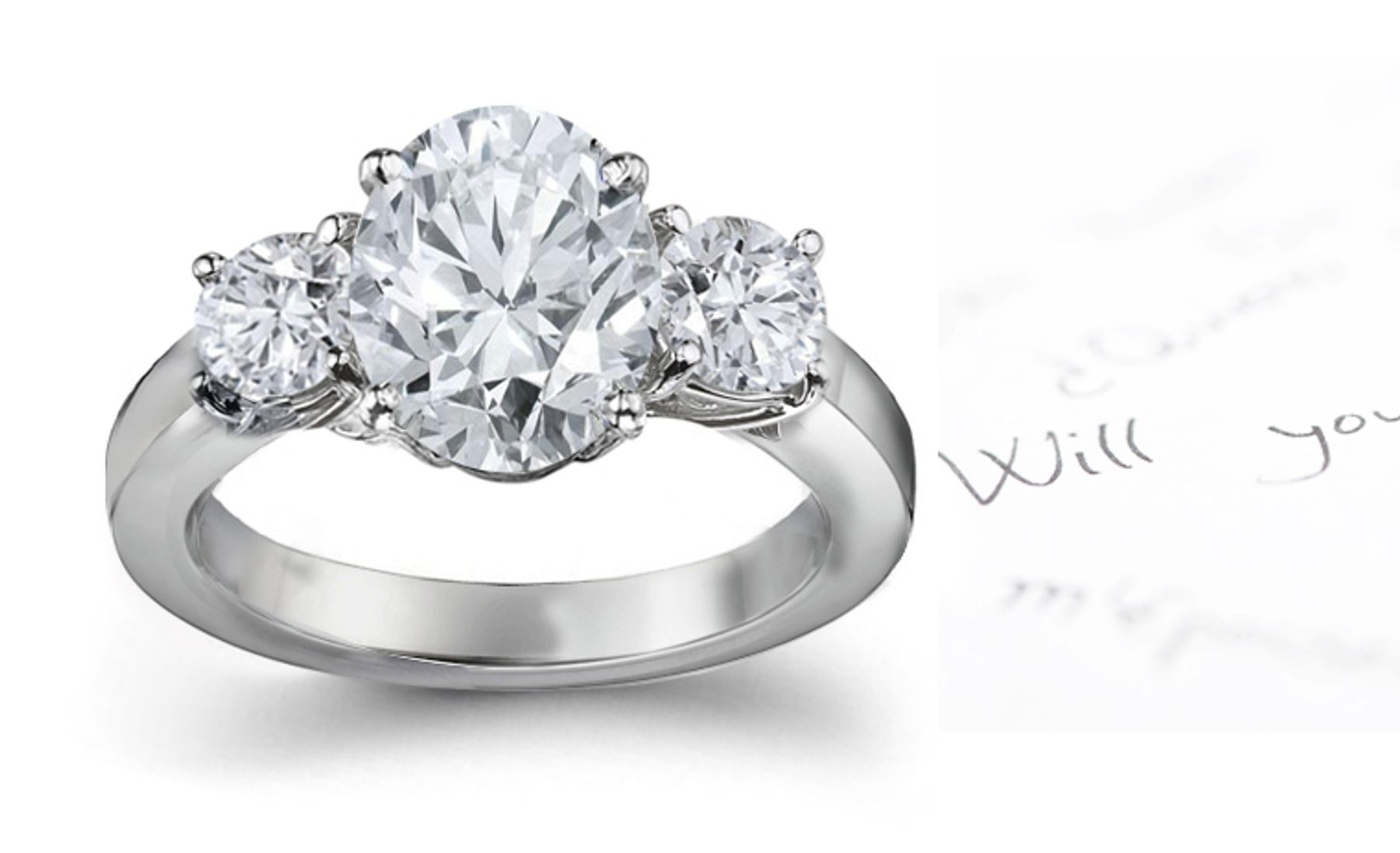 Three Stone Oval Diamond & Side Round Diamonds Three Stone Anniversary Ring