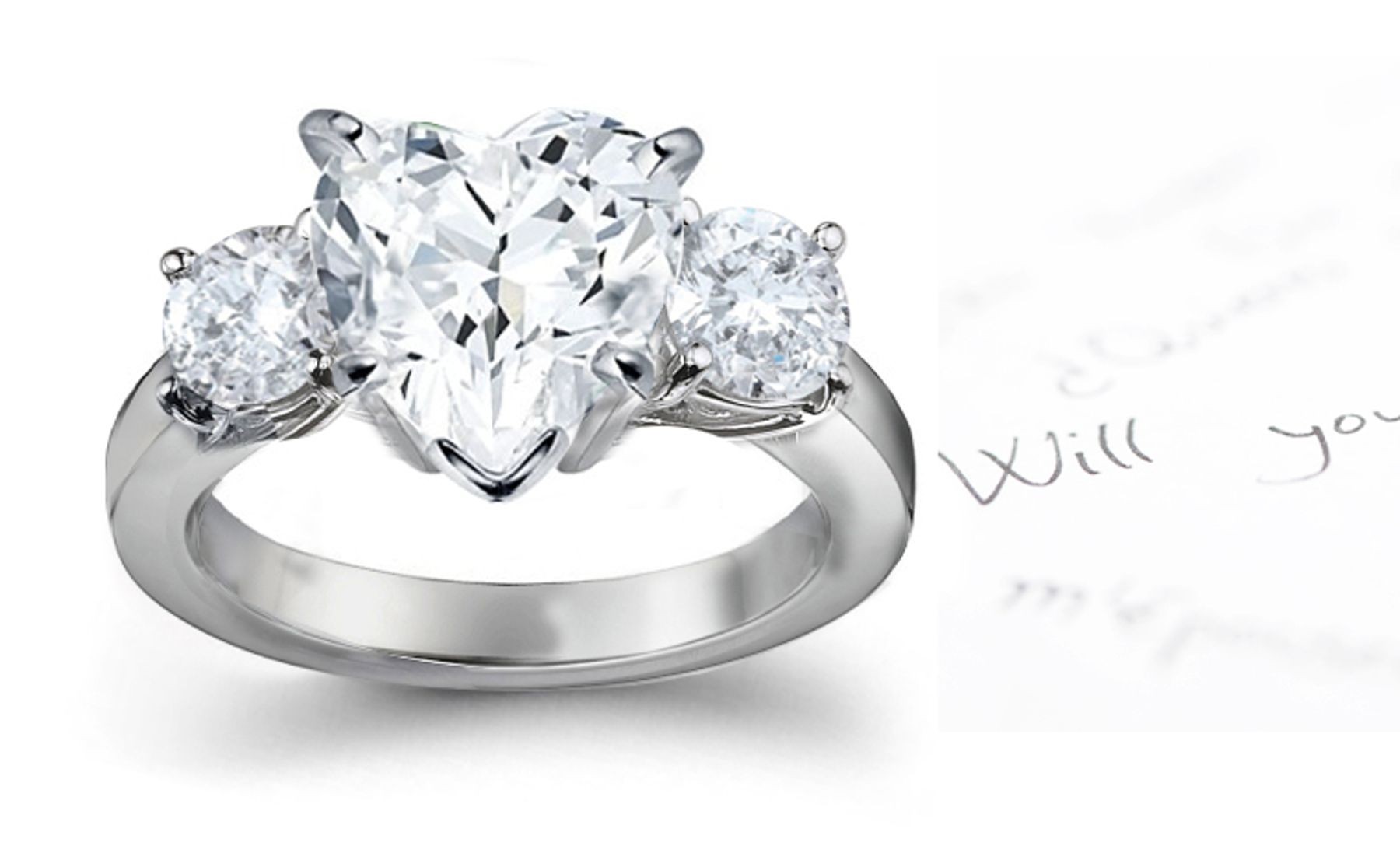 Three Stone Heart Diamond & Side Round Diamonds Three Stone Anniversary Ring