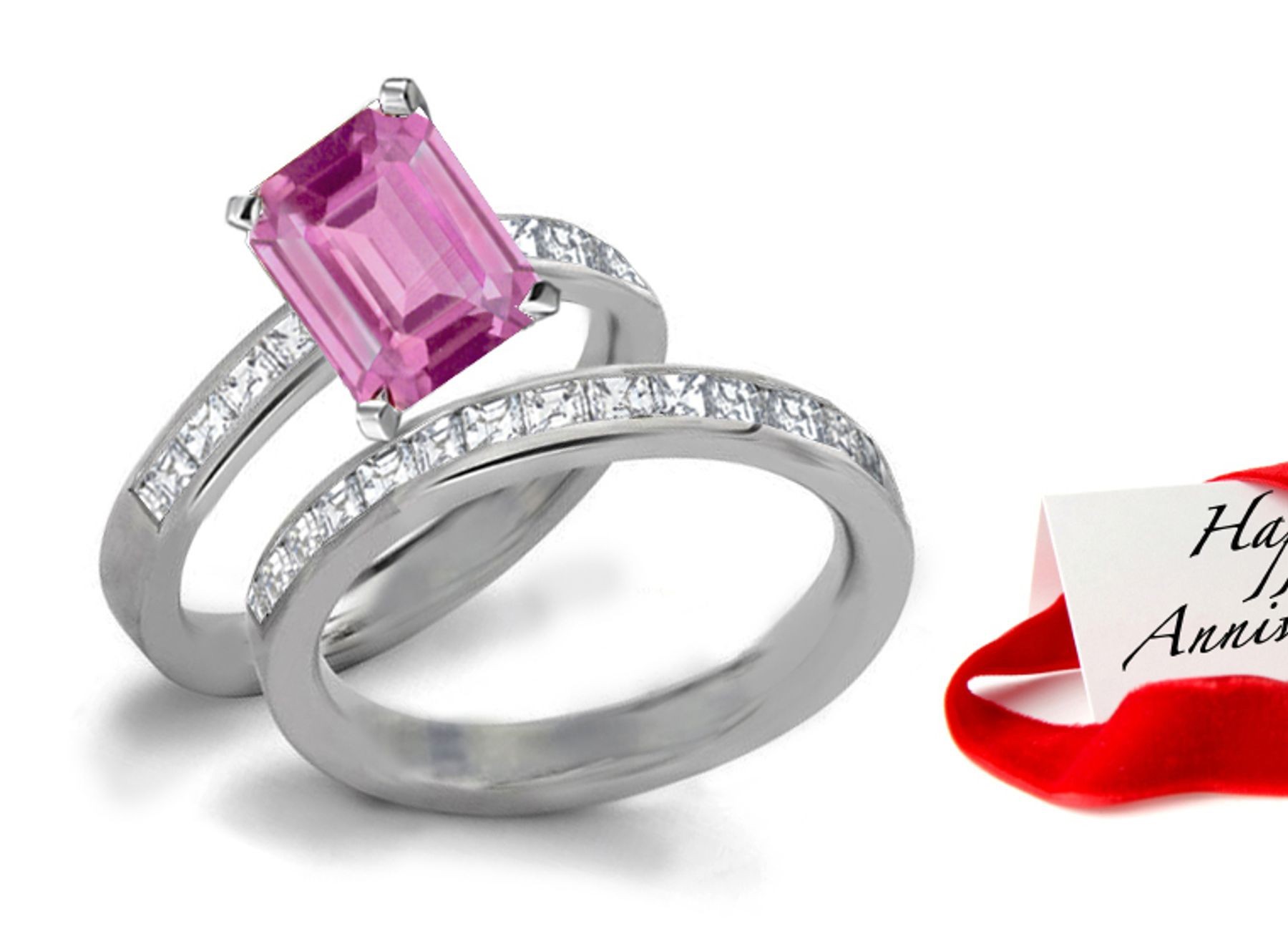 Breathtaking: Romantic Rich Pink Sapphire & Diamond Engagement & Wedding Bands