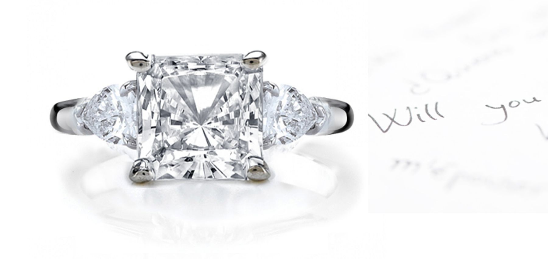 Center Square & Side Pears Diamonds Three Stone Ring