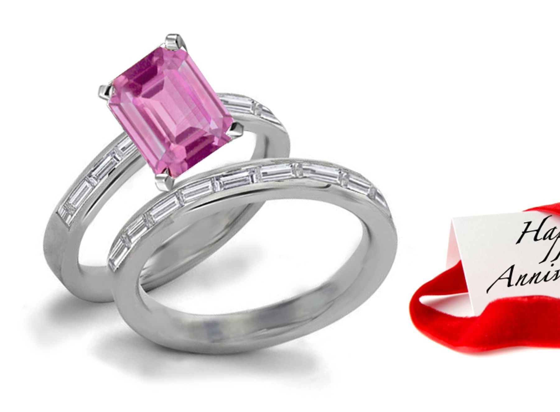 Truly Unique: Lovely Pink Sapphire & Gleaming Diamond Engagement & Wedding Bands