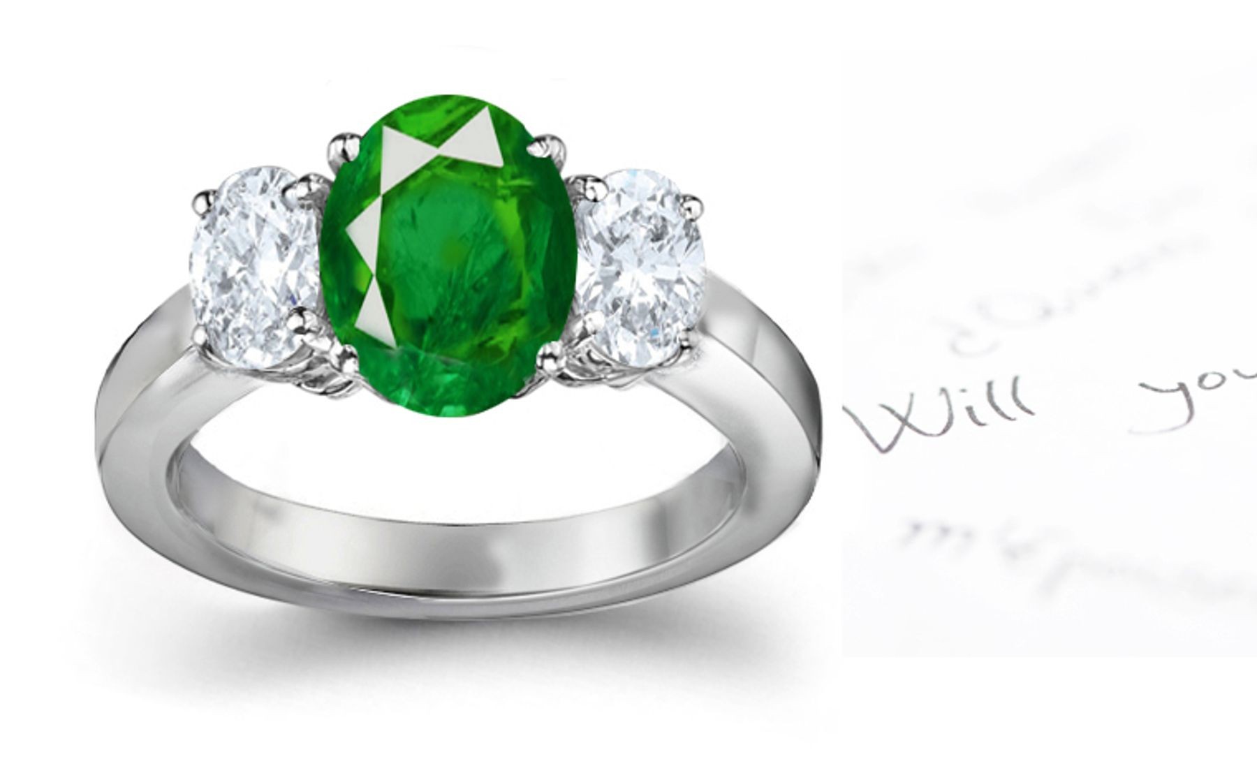 Emerald Diamond 3 Stone Rings: Three Stone (Oval Emerald and Diamonds) Rings in Platinum.