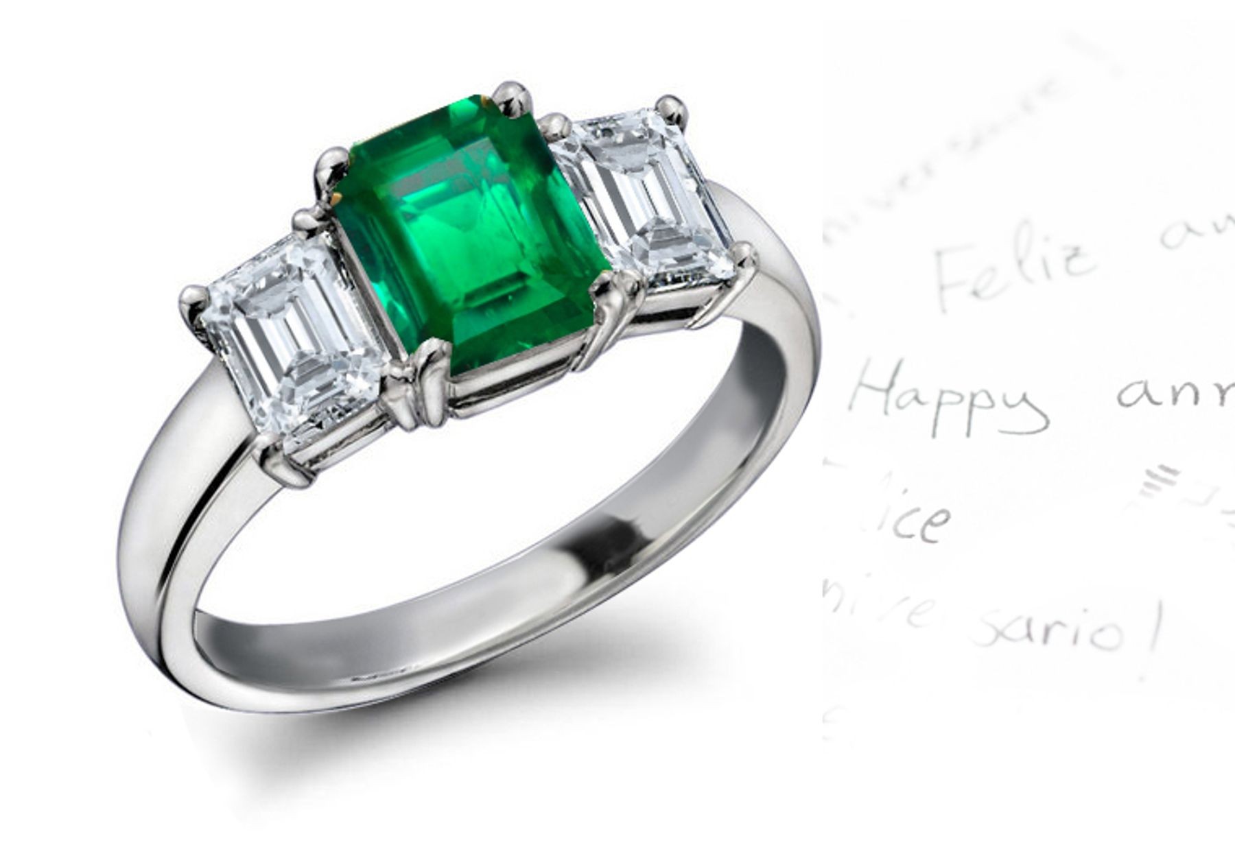 3-Stone Emerald Diamond Ring: Three Stone (Diamond & Emerald) Rings in Platinum