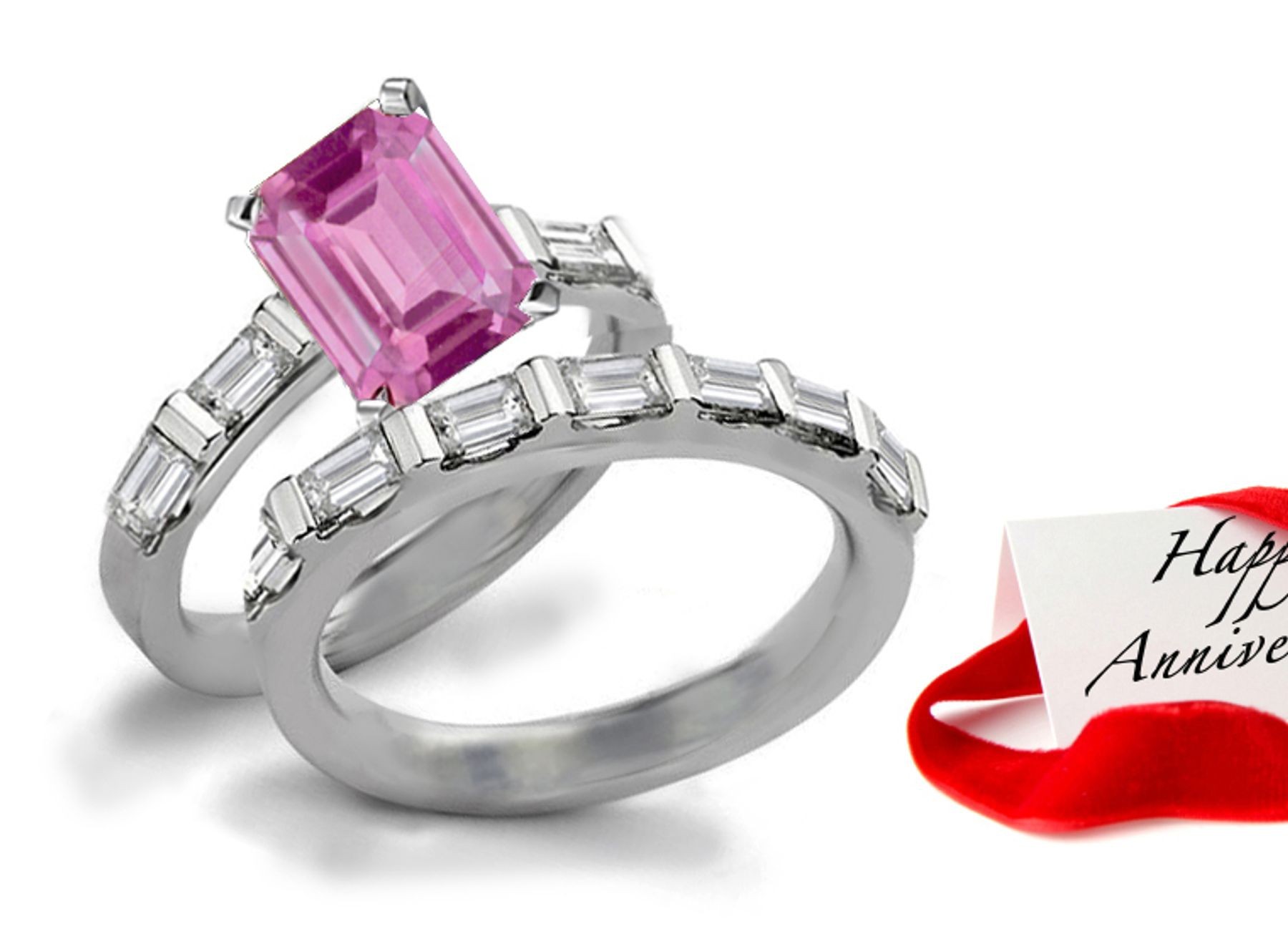 Love Stories: Sparkling Vivid Pink Sapphire & Diamond Engagement & Wedding Bands