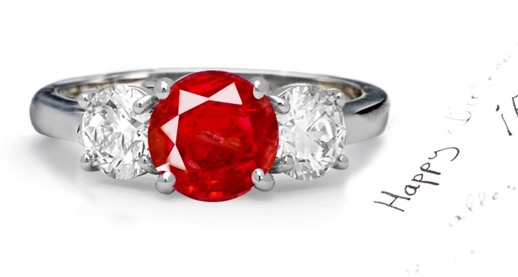 Ruby Diamond Anniversary Ring: Three Stone (Round Ruby and Diamonds) Ring in Platinum. 