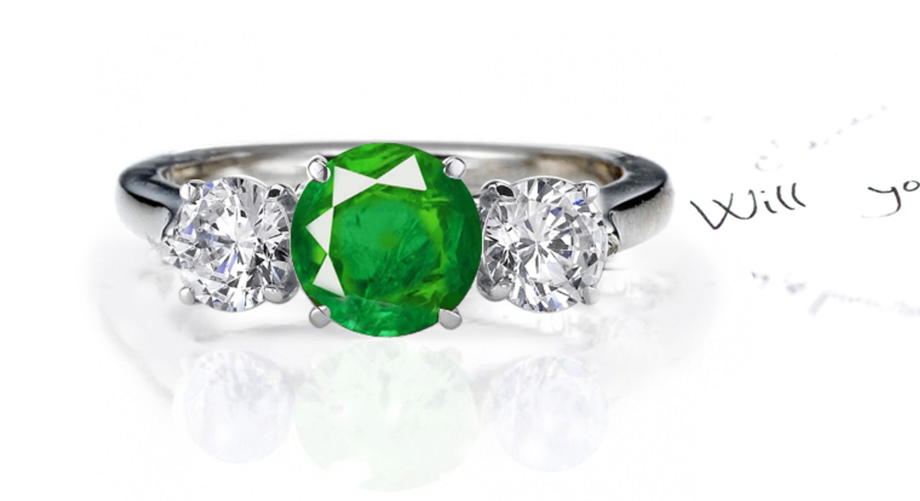 Emerald Diamond Ring Three Stone: Rings with Round Emerald and Diamonds in Platinum