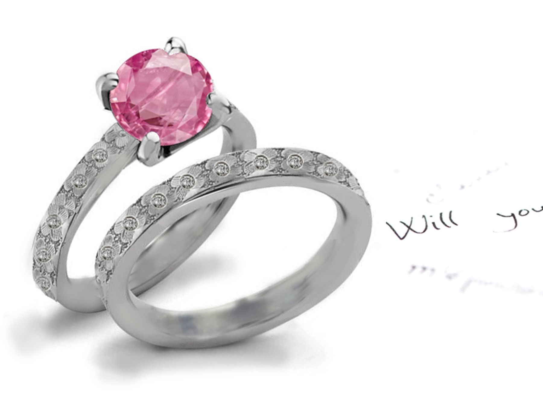 Stylish: Antique Hand Engraved Lively Pink Sapphire Diamond Designer Engagement Ring
