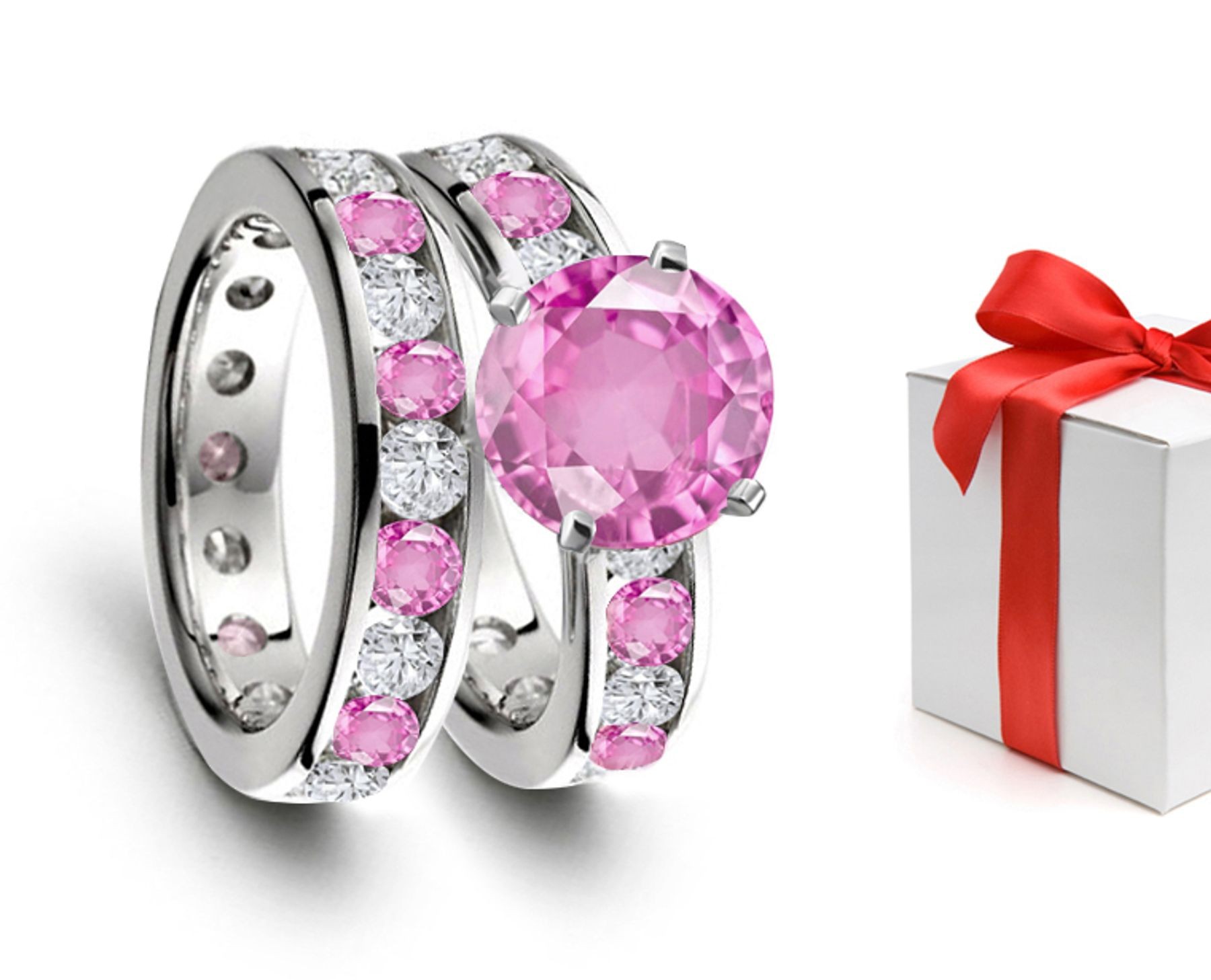 Unrepeatable: Bright Brilliant Pink Sapphire & Glittering Diamond Engagement & Wedding Rings