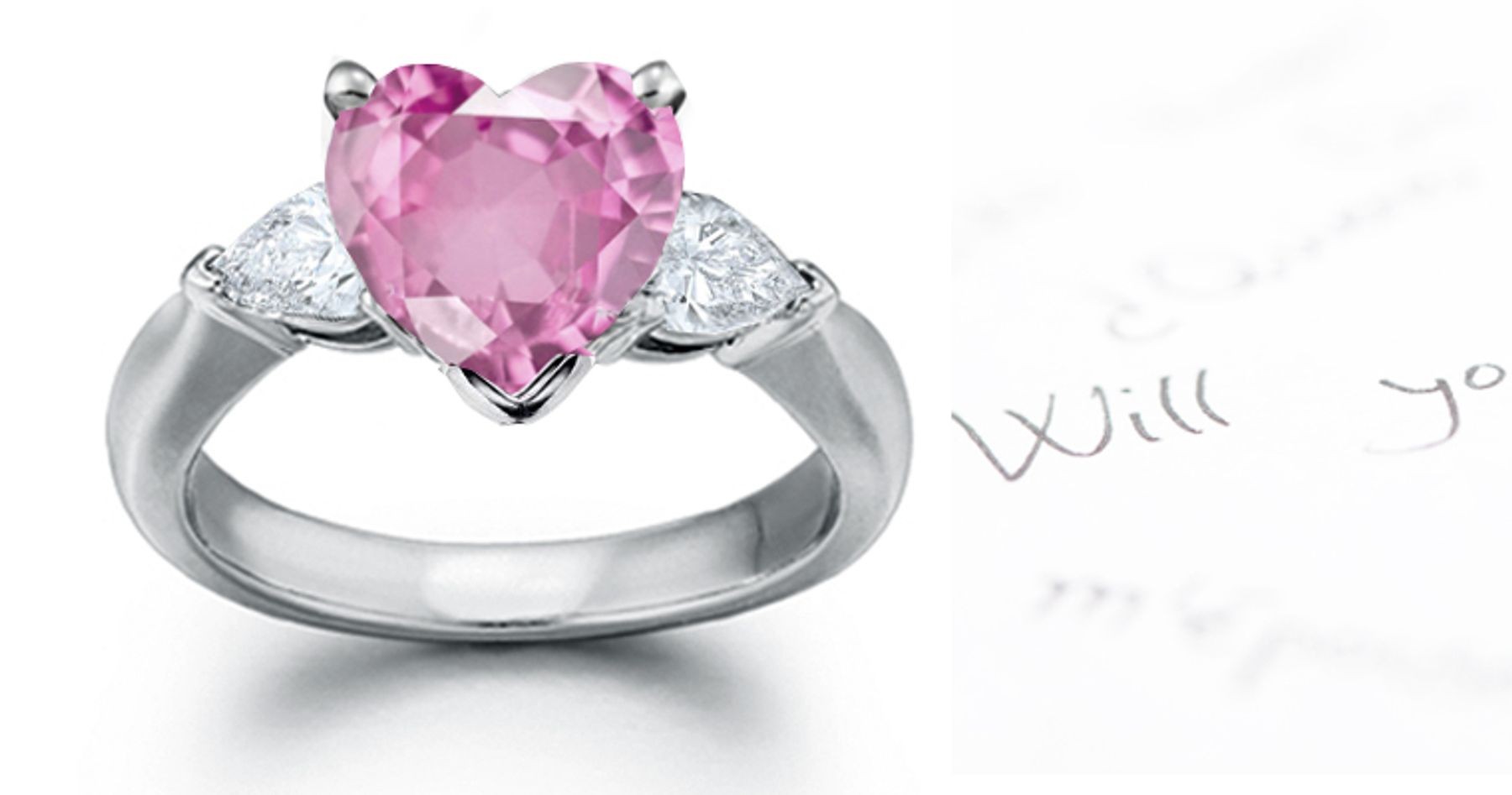 3 Stone Rare Deep Pink Heart Sapphire & Pears White Diamonds Ring