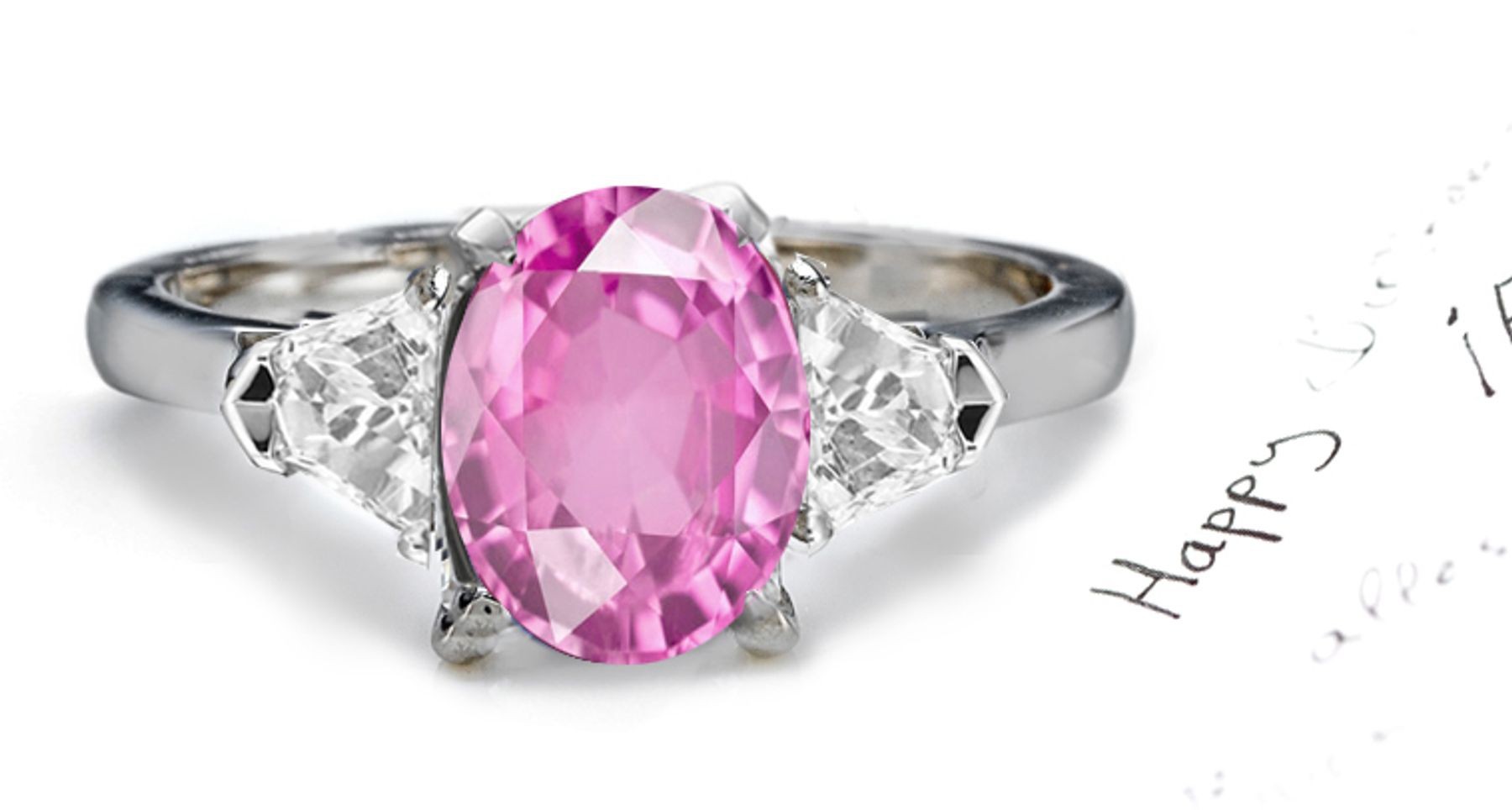 Fine Deep Pink Oval Sapphire & Trapezoid White Diamonds Ring in Platinum 950