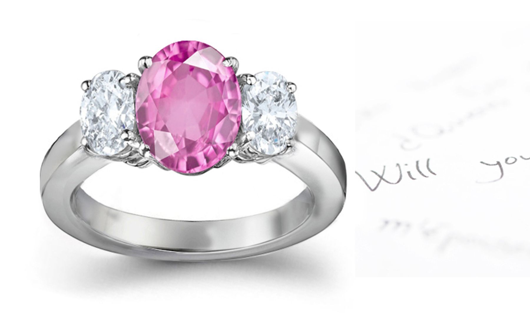 3 Stone Fine Deep Pink Oval Sapphire & Oval White Diamonds Ring 