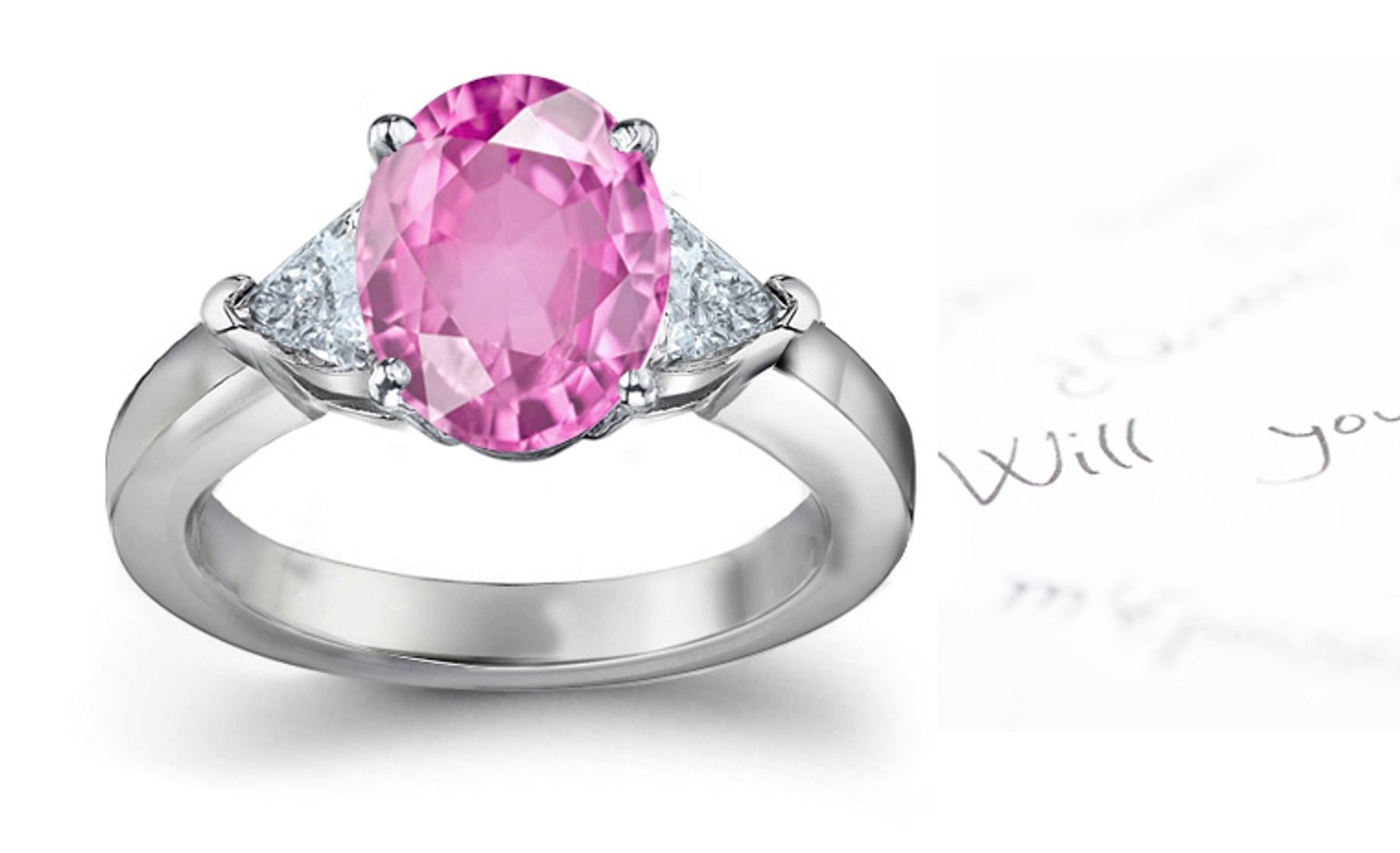 3 Stone Fine Deep Pink Oval Sapphire & Trillion White Diamonds Gold Ring