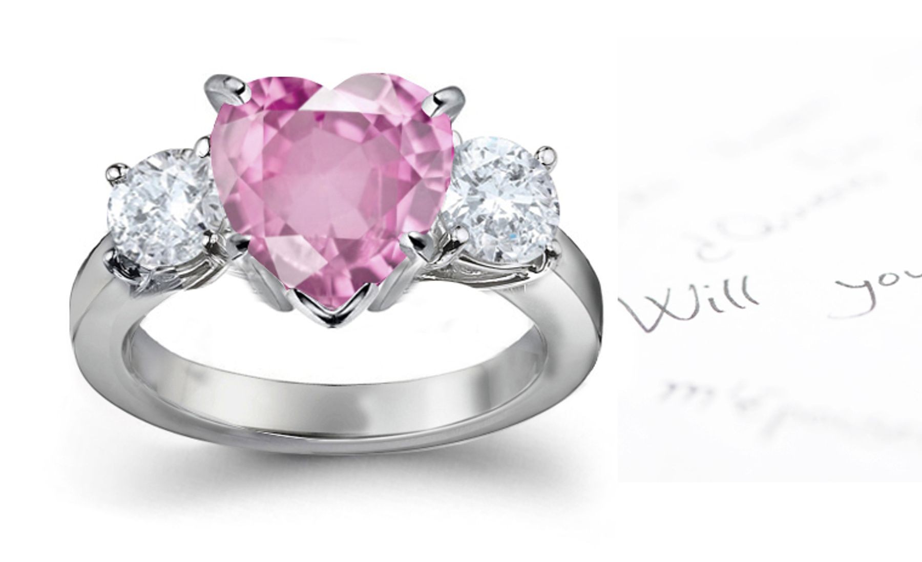 3 Stone Fine Deep Pink Heart Sapphire & Round White Diamonds Ring in Gold