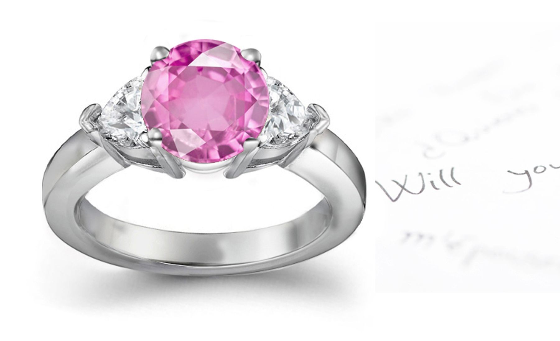 3 Stone Fine Deep Pink Round Sapphire & Trillion White Diamonds Ring