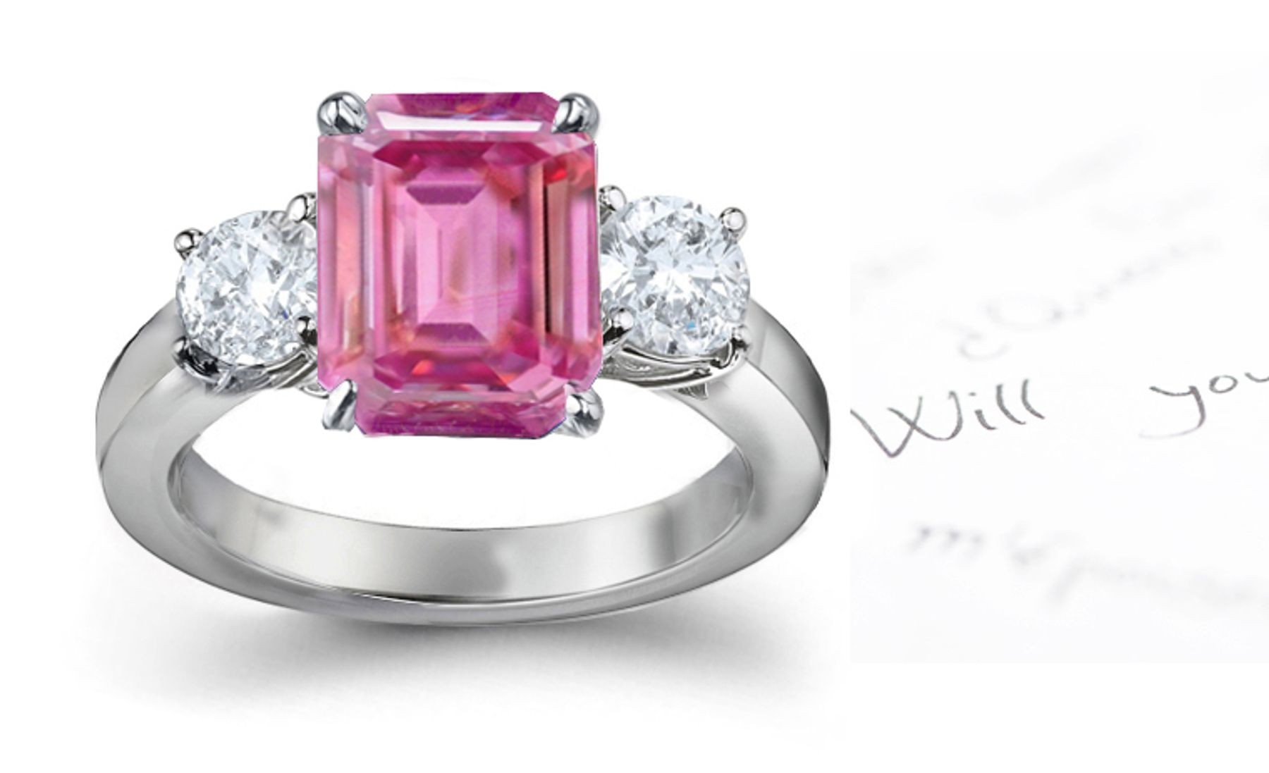 3 Stone Fine Deep Pink Emerald Cut Sapphire & Round White Diamonds Ring