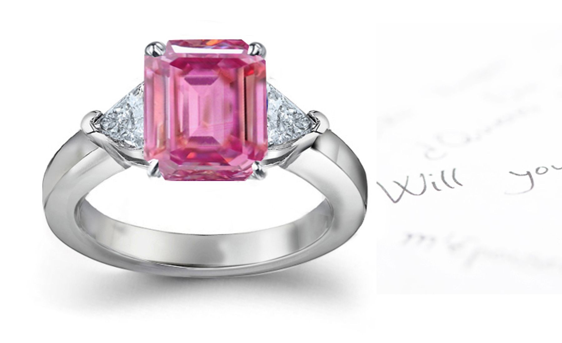 3 Stone Fine Deep Pink Emerald Cut Sapphire & Trillion White Diamonds Ring in Gold
