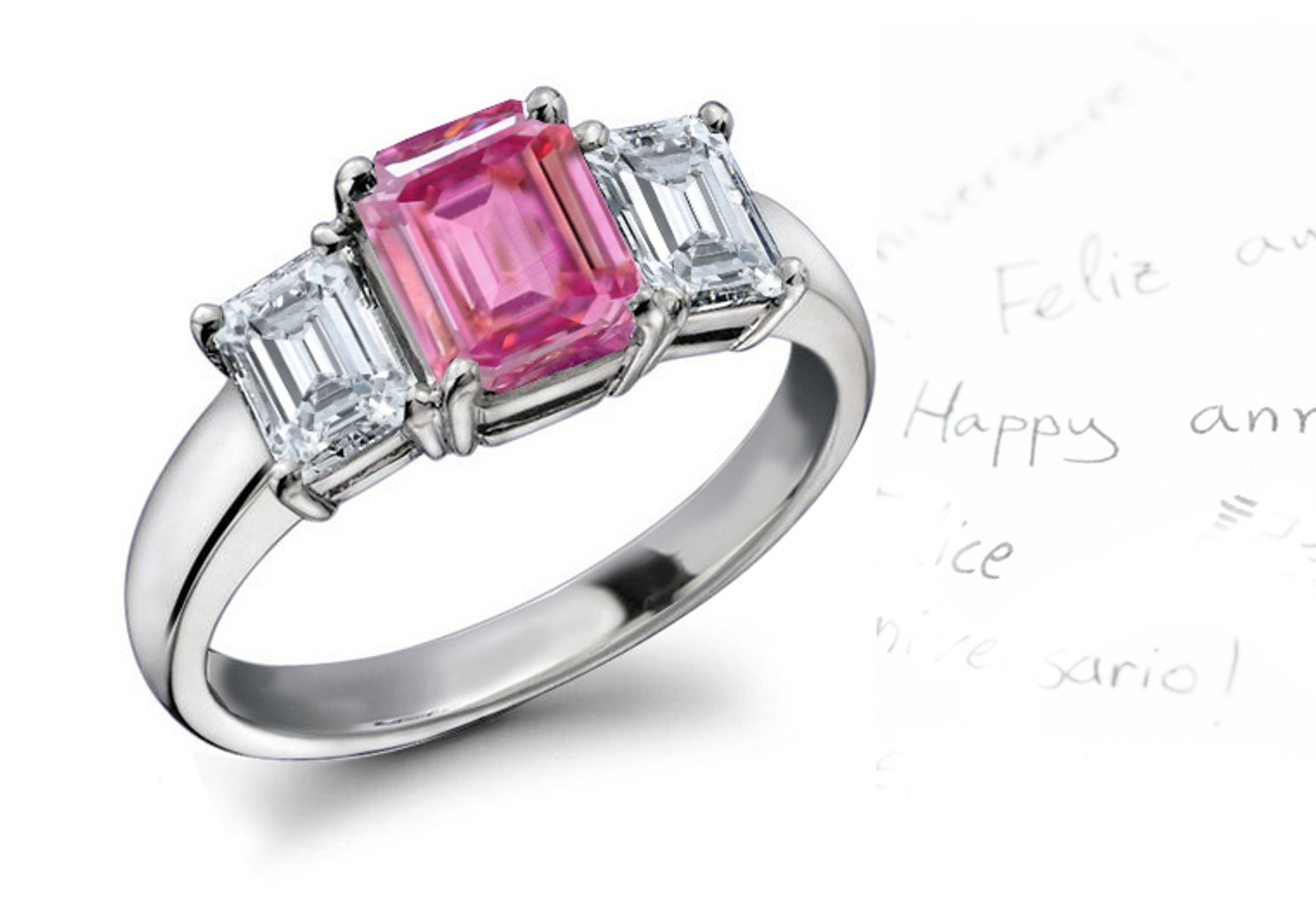 3 Stone Fine Deep Pink Emerald Cut Sapphire & White Diamonds Platinum Ring