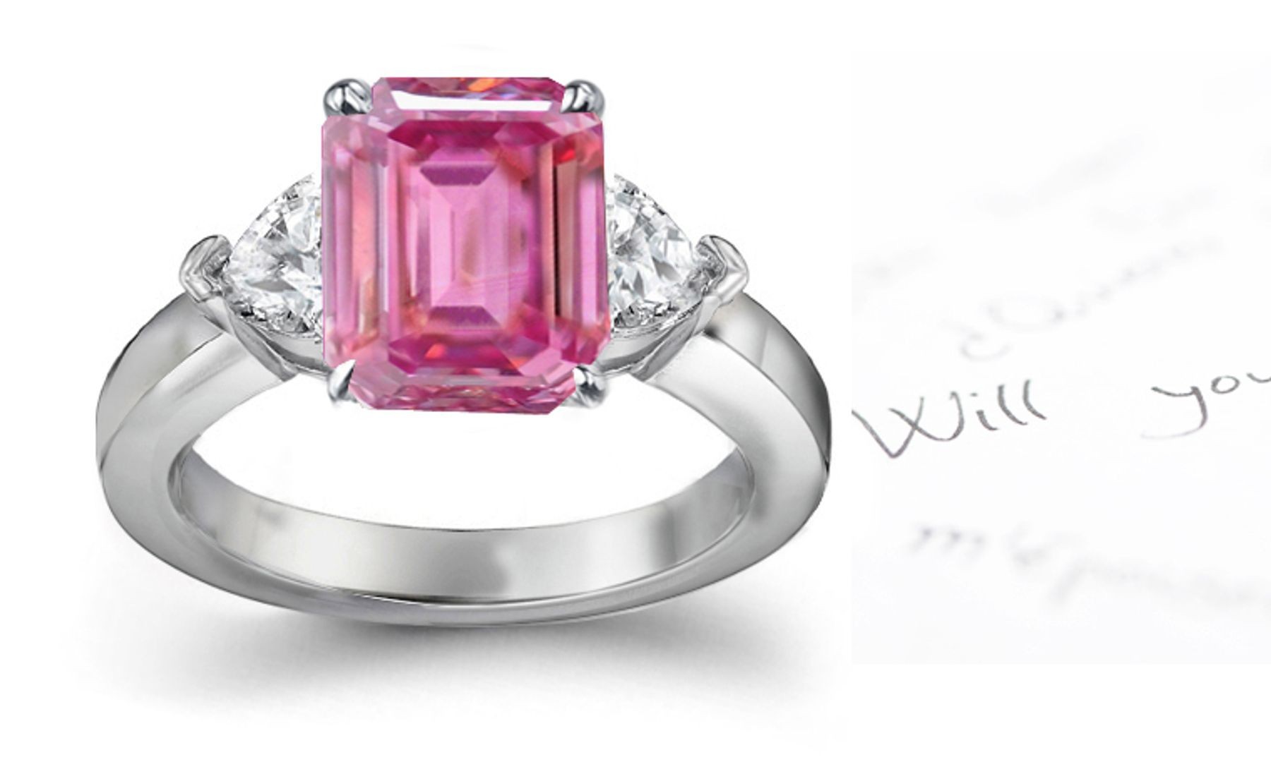 The Danube Collection: 3 Stone Ladies Pink Emerald Cut Sapphire & Heart White Diamonds Ring in Gold