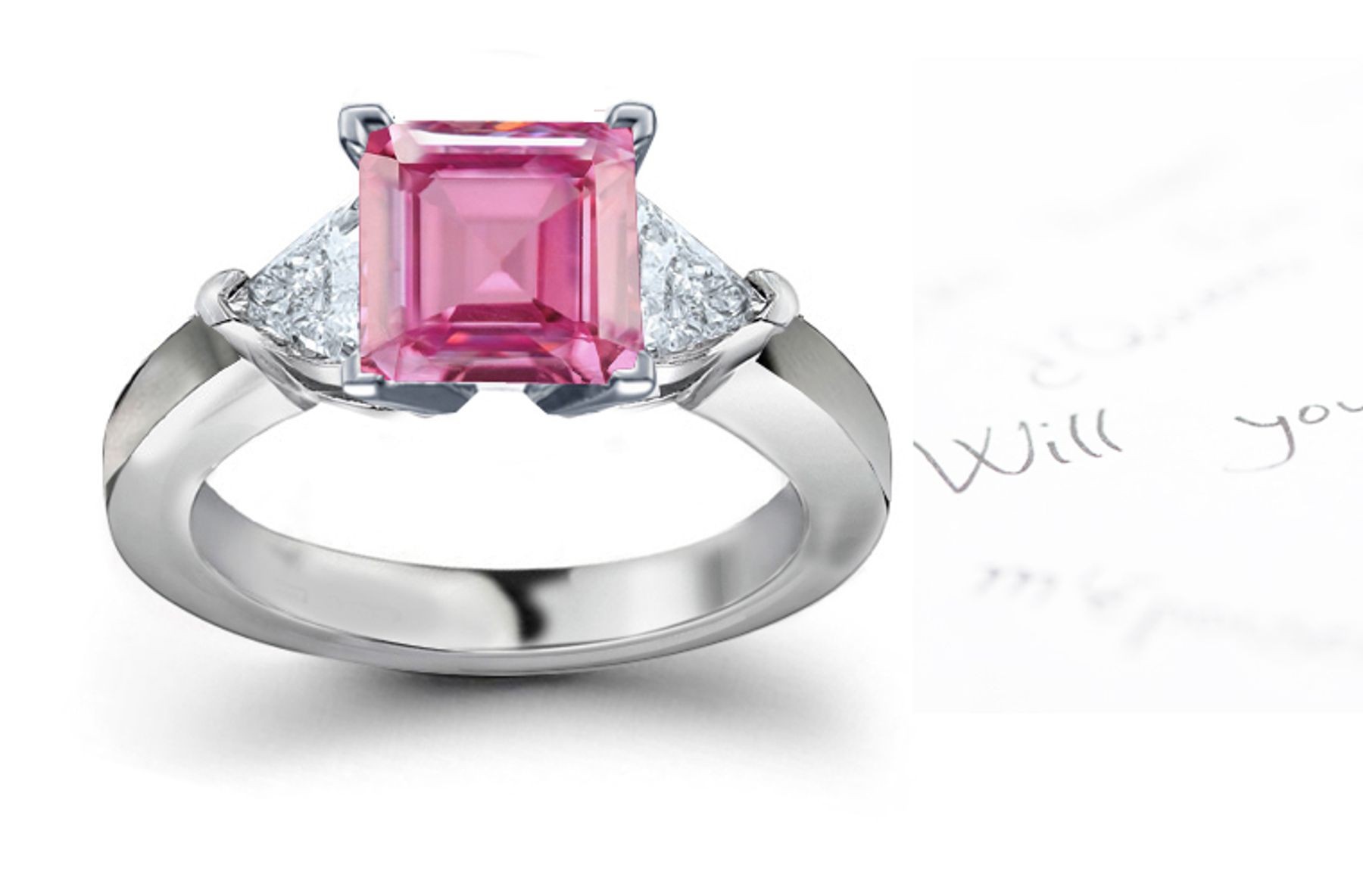 The Albanus Collection: 3 Stone Ladies Pink Square Sapphire & Trillion White Diamonds Ring