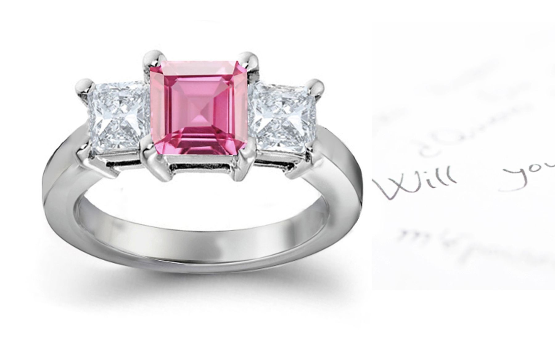 3 Stone Ladies Pink Square Sapphire & Princess Cut White Diamonds Ring