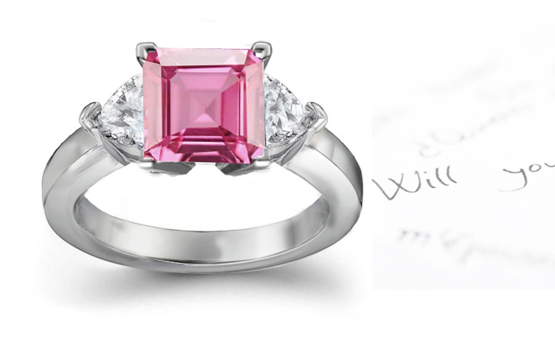 The Dalmatia Collection: 3 Stone Ladies Pink Square Sapphire & Heart White Diamonds Ring in Gold
