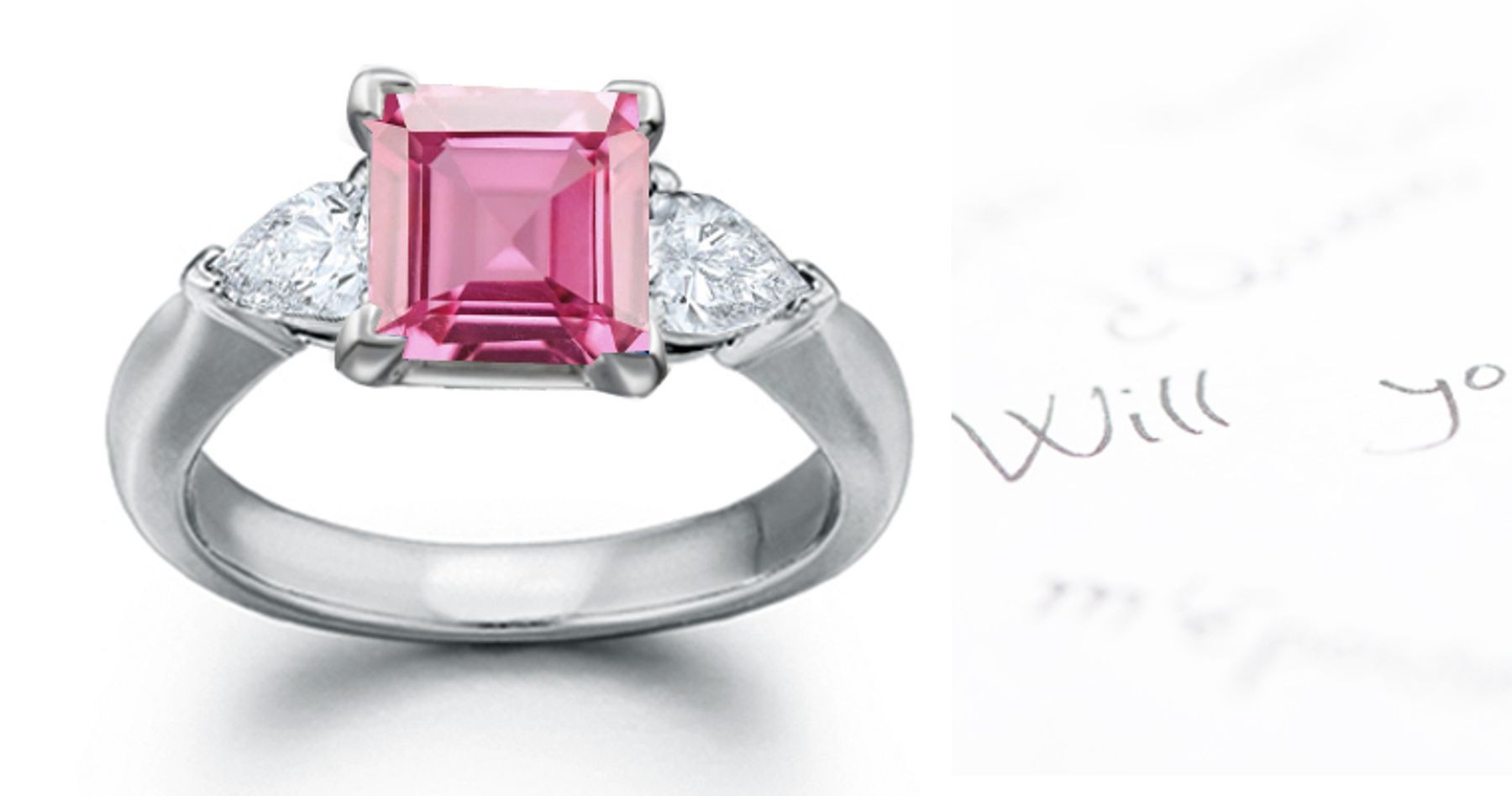 The Taurus Collection: 3 Stone Ladies Pink Square Sapphire & Pears White Diamonds Ring in Gold