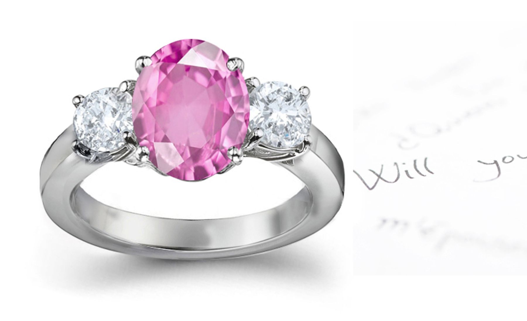 Monferrato Gallery: 3 Stone Ladies Pink Oval Sapphire & Round White Diamonds Ring in in 14k White Gold