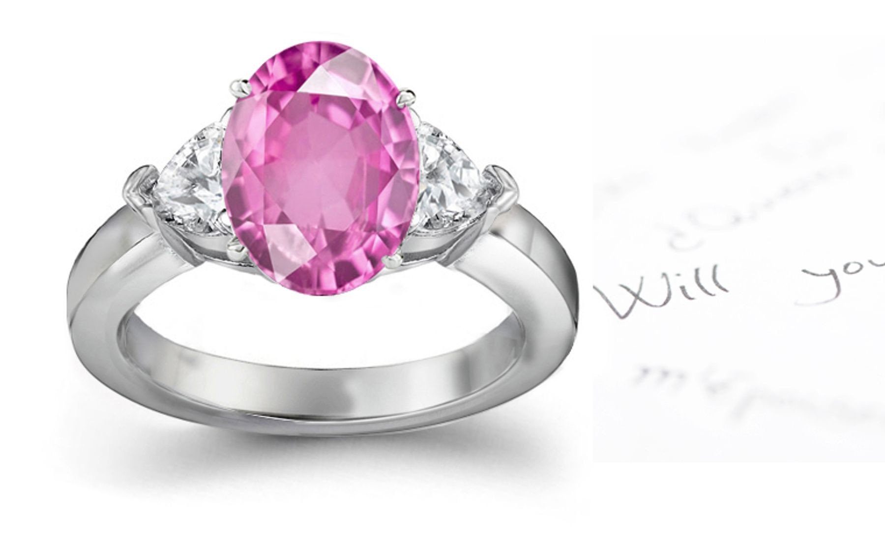 3 Stone Ladies Pink Sapphire & Heart White Diamonds Ring in Platinum & Gold