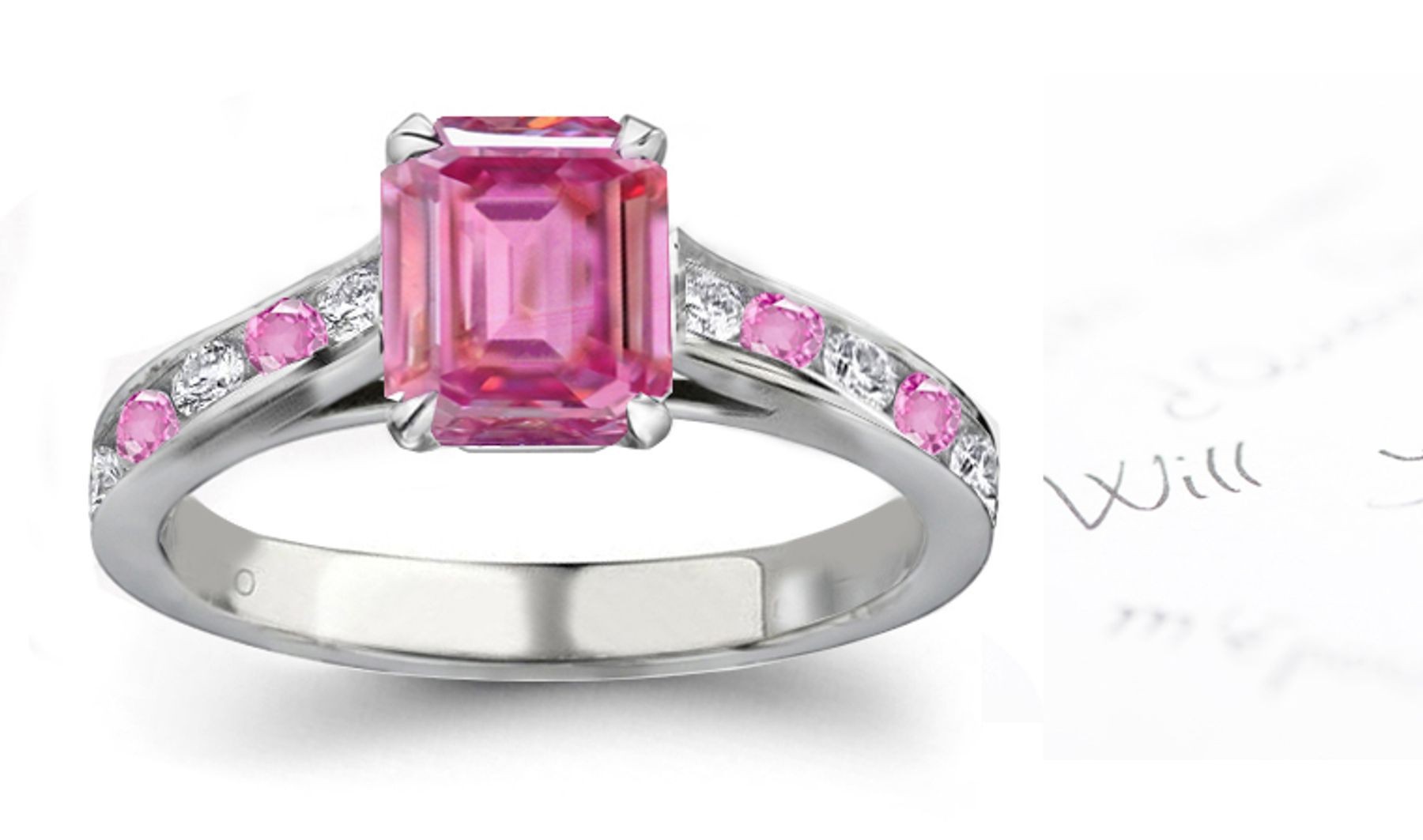 Val d' Arno Gallery: Emerald Cut Ladies Pink Sapphire & White Diamonds Ring 
