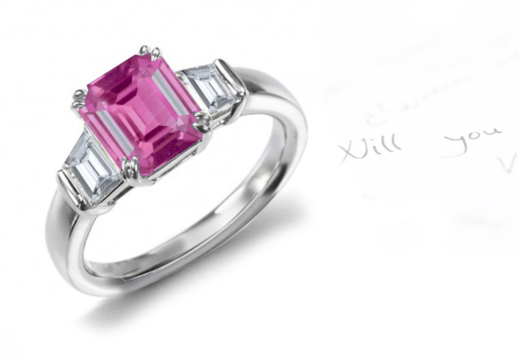Sea of Satalia Gallery: Emerald Cut Pink Sapphire & Trapezoid White Diamonds Gold Ring